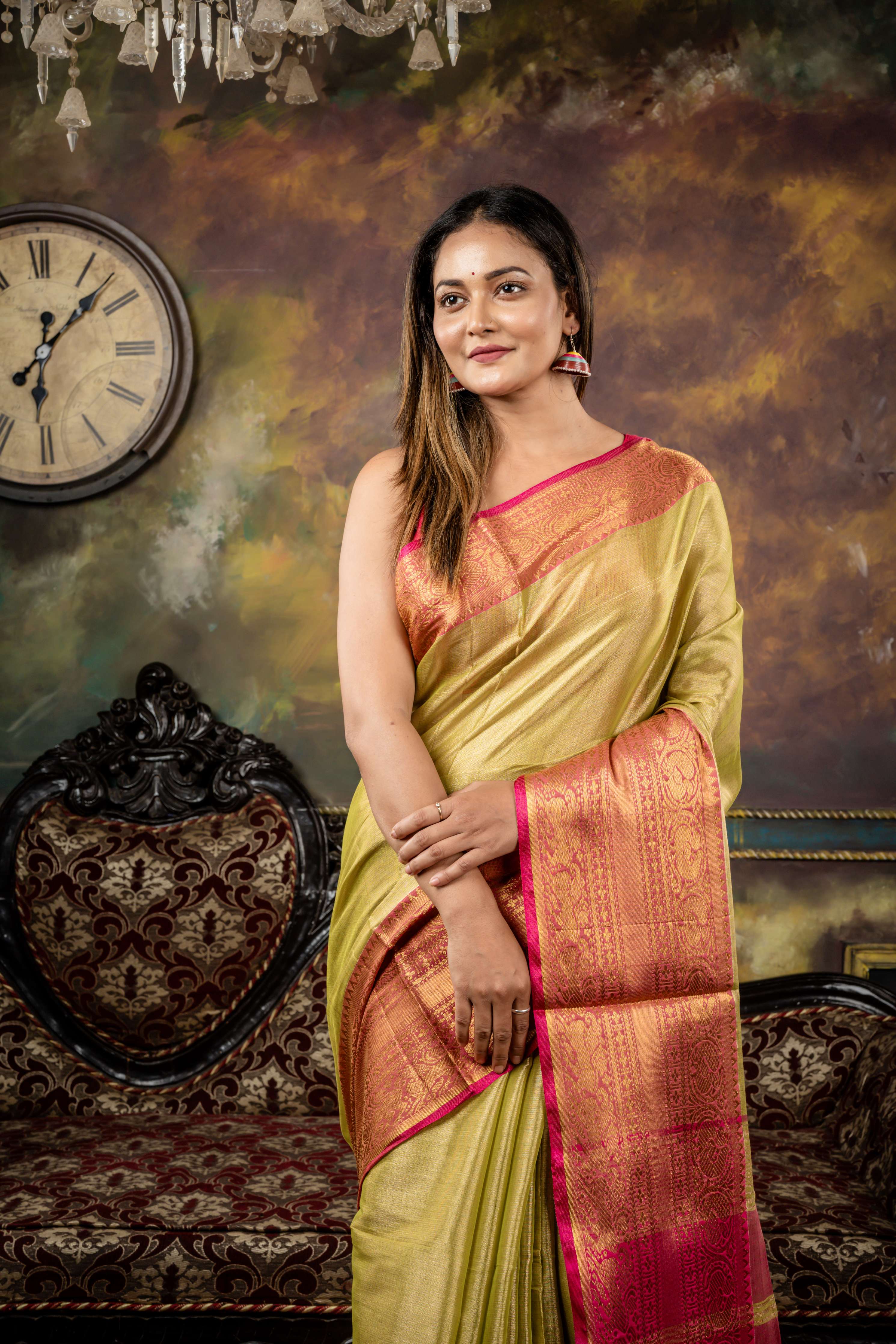 Kuhu || Light Metallic Olive Green Tissue Linen Bengal Handloom Saree with Plain Body, Magenta Pink Kanchipuram design 'Mahapadh' Border and block Stripe Pallu