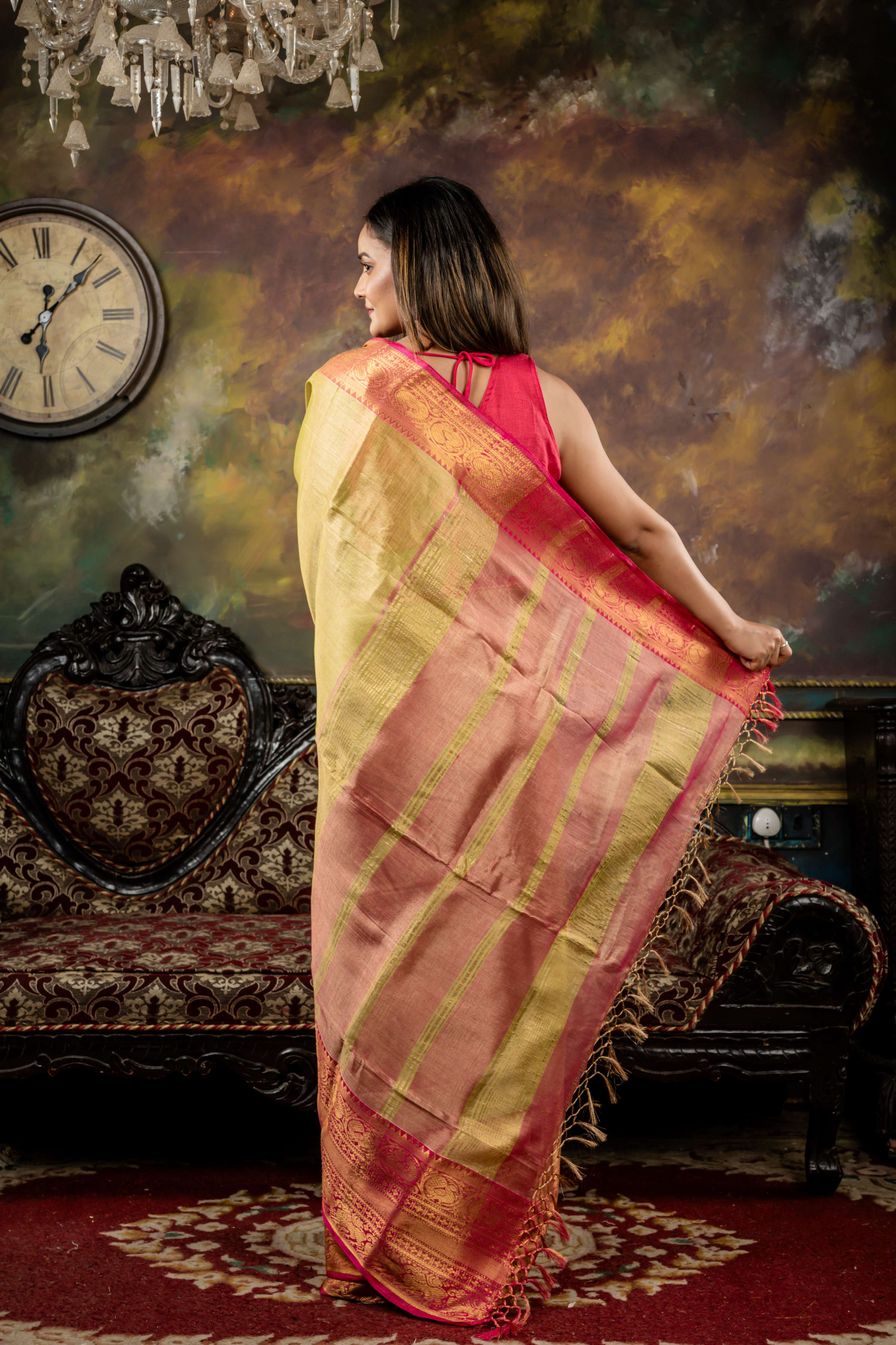 Kuhu || Light Metallic Olive Green Tissue Linen Bengal Handloom Saree with Plain Body, Magenta Pink Kanchipuram design 'Mahapadh' Border and block Stripe Pallu
