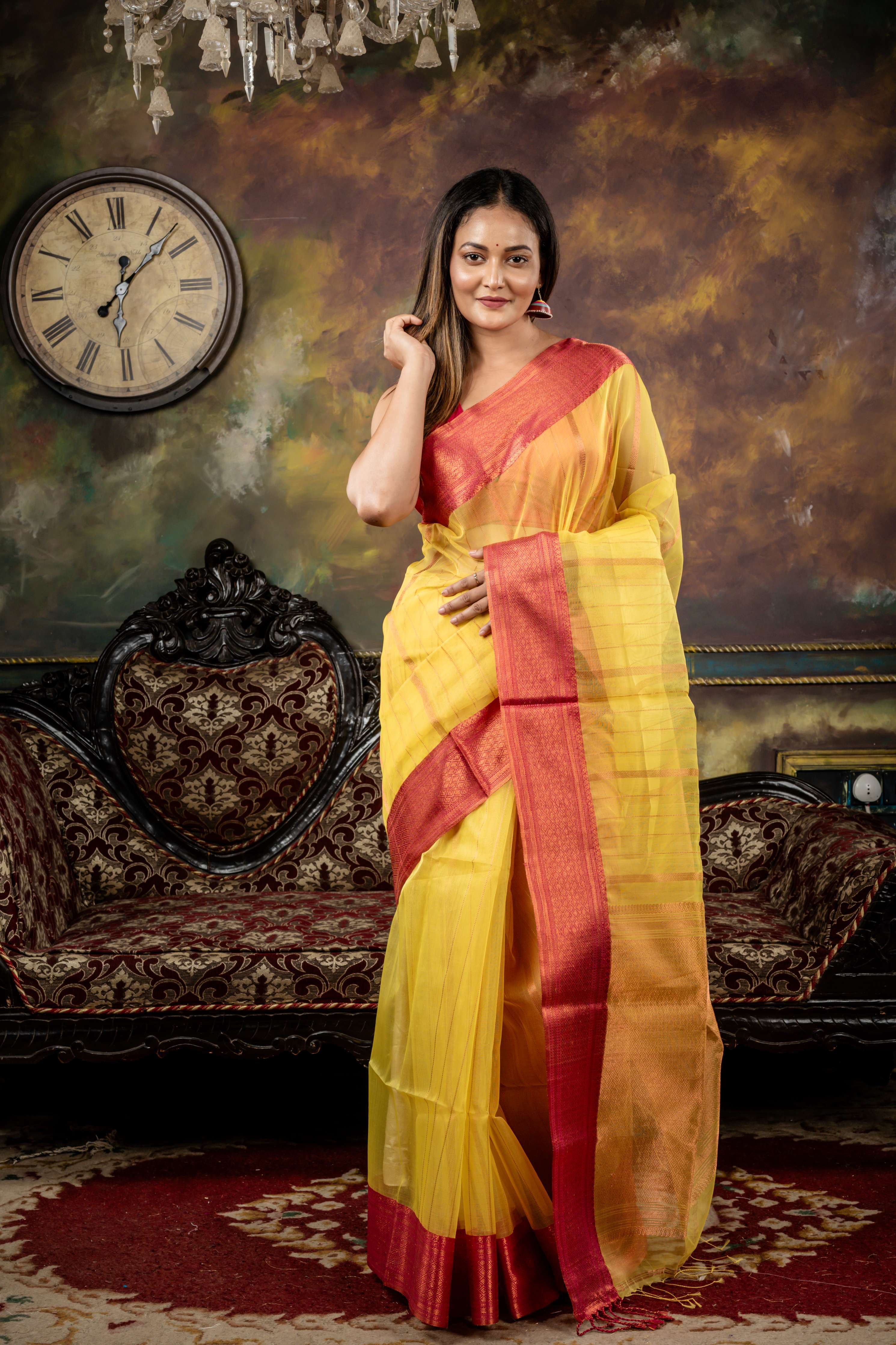 Agnija || Bright Yellow Muslin Saree with all over Copper Zari woven Stripes, Magenta Pink Border & Brocade Pallu