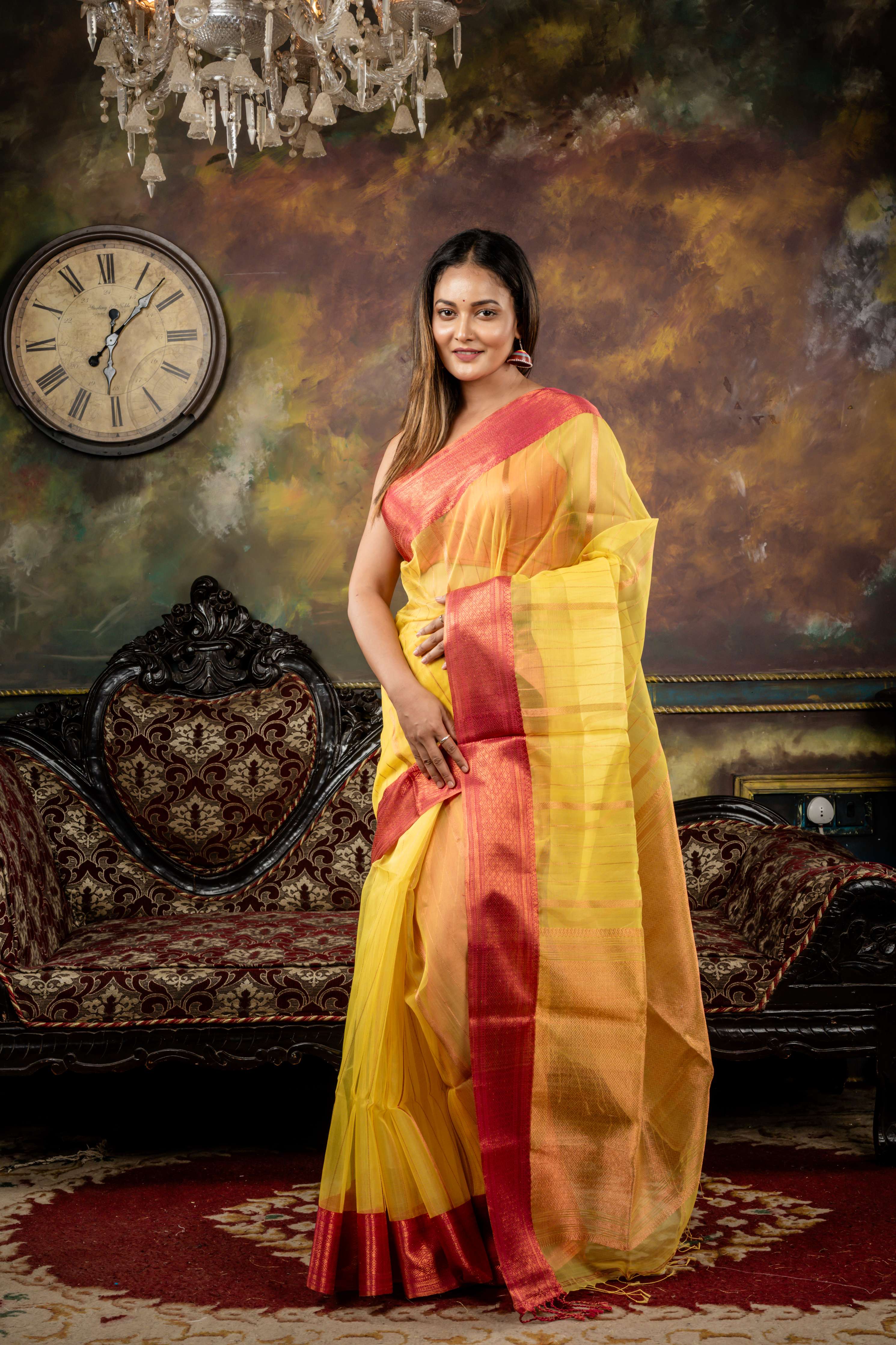 Agnija || Bright Yellow Muslin Saree with all over Copper Zari woven Stripes, Magenta Pink Border & Brocade Pallu
