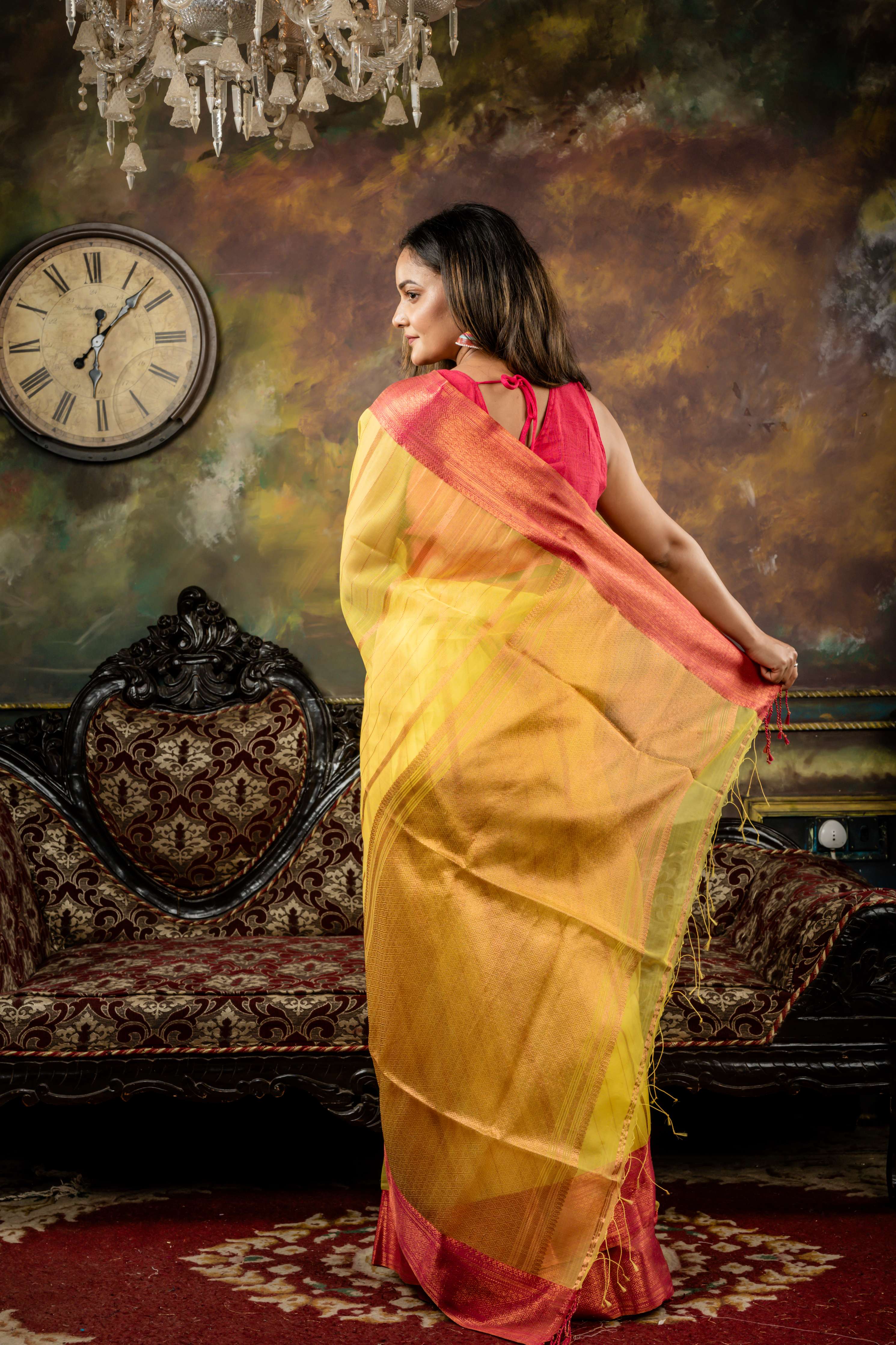 Agnija || Bright Yellow Muslin Saree with all over Copper Zari woven Stripes, Magenta Pink Border & Brocade Pallu