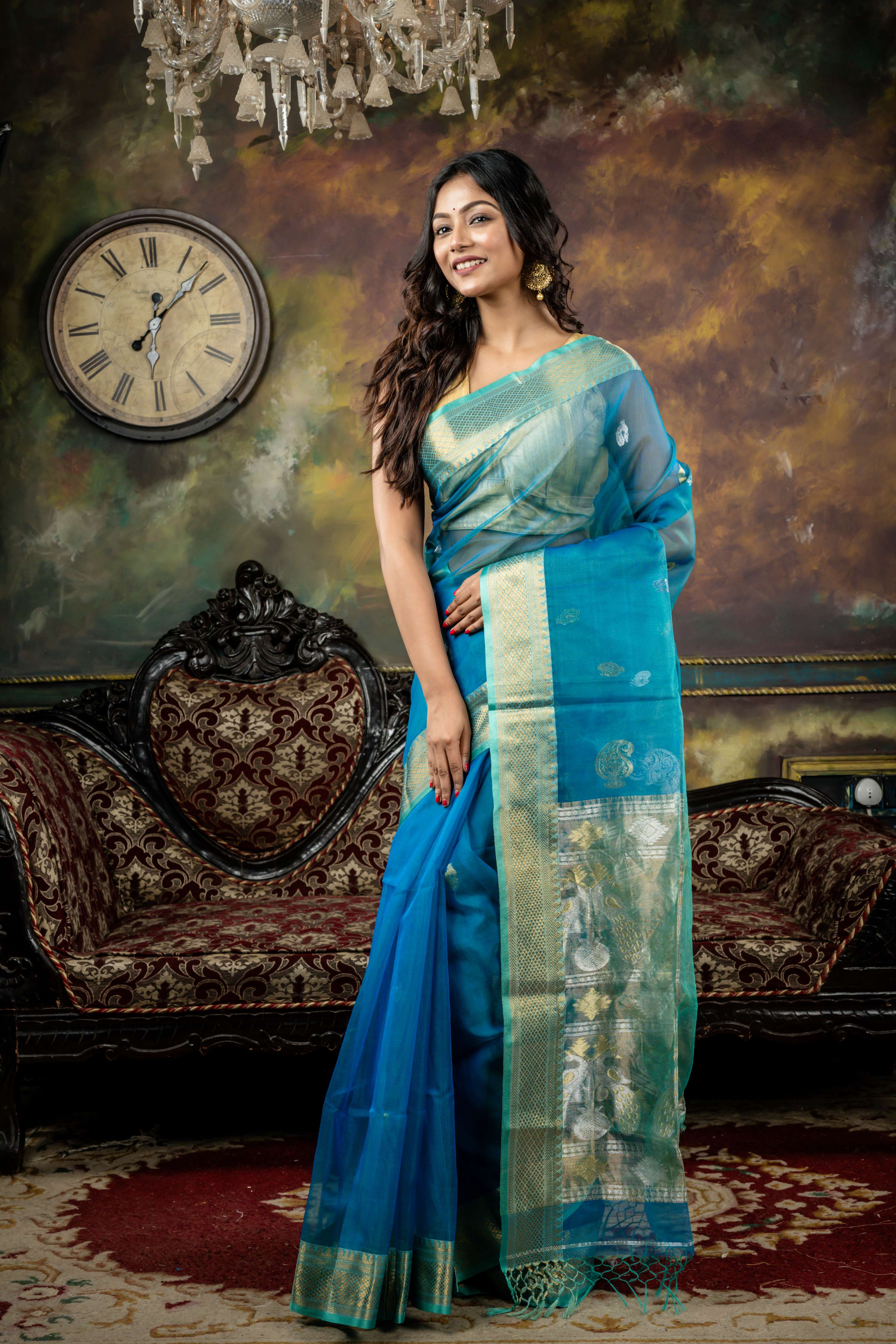 Mayurpankhi || Turquoise Blue Muslin Bengal Handloom Saree with all over 'Sona Rupa' Zari Peacock motif Buta, Paithani design Border & Pallu