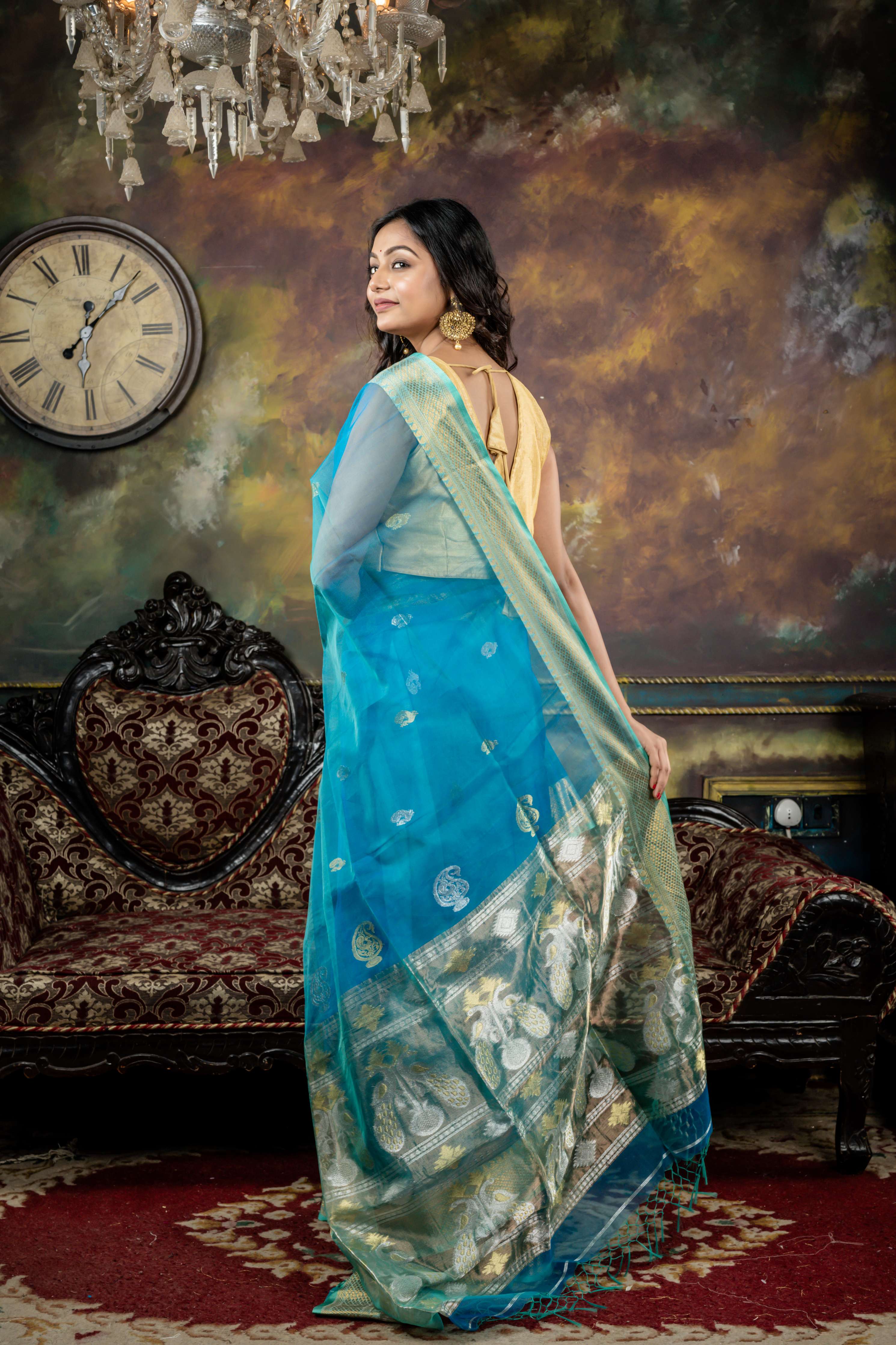 Mayurpankhi || Turquoise Blue Muslin Bengal Handloom Saree with all over 'Sona Rupa' Zari Peacock motif Buta, Paithani design Border & Pallu