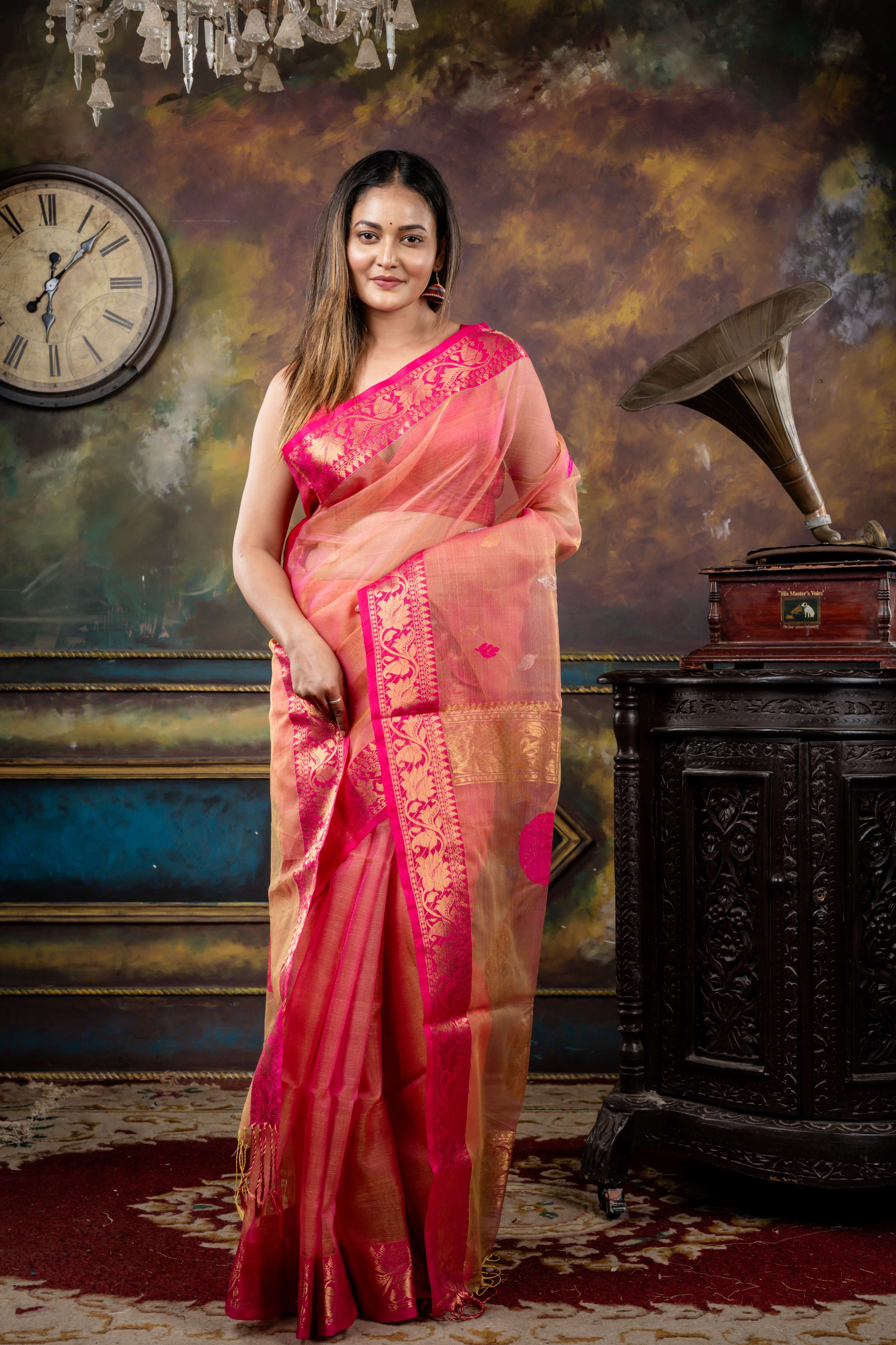 Padmaja || Magenta Pink & Neon Yellow dual tone Muslin Bengal Handloom Saree with all over Magenta Pink Resham, Antique Gold & Silver Zari Buti, 'Kalka' motif Pallu and Banarasi Border
