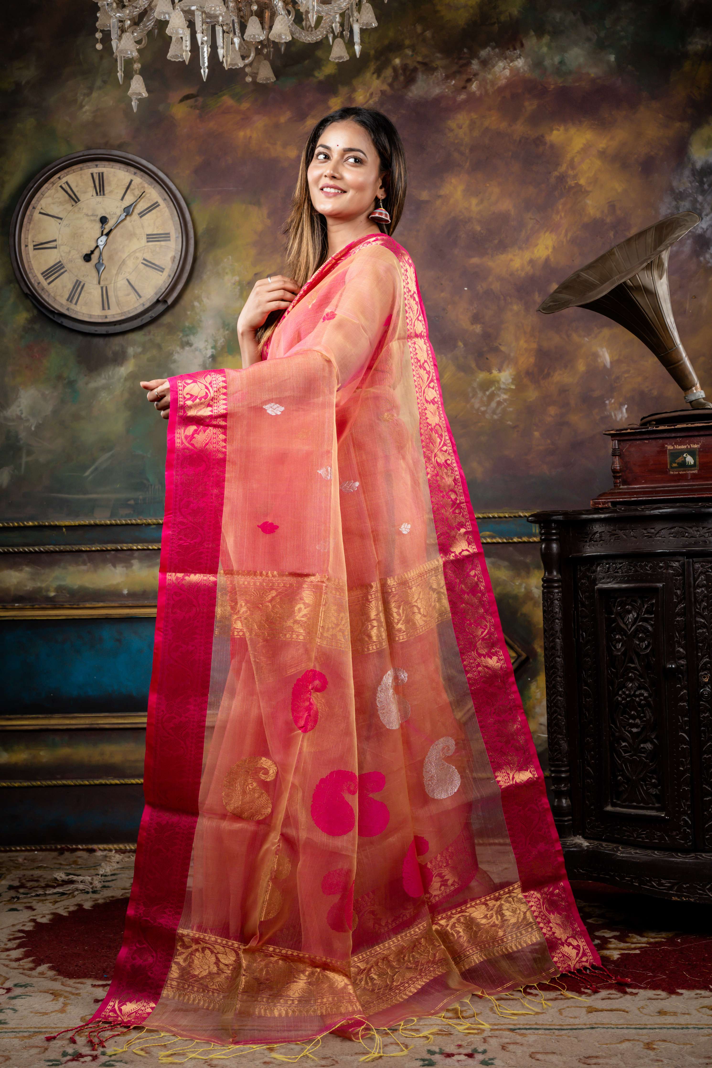 Padmaja || Magenta Pink & Neon Yellow dual tone Muslin Bengal Handloom Saree with all over Magenta Pink Resham, Antique Gold & Silver Zari Buti, 'Kalka' motif Pallu and Banarasi Border