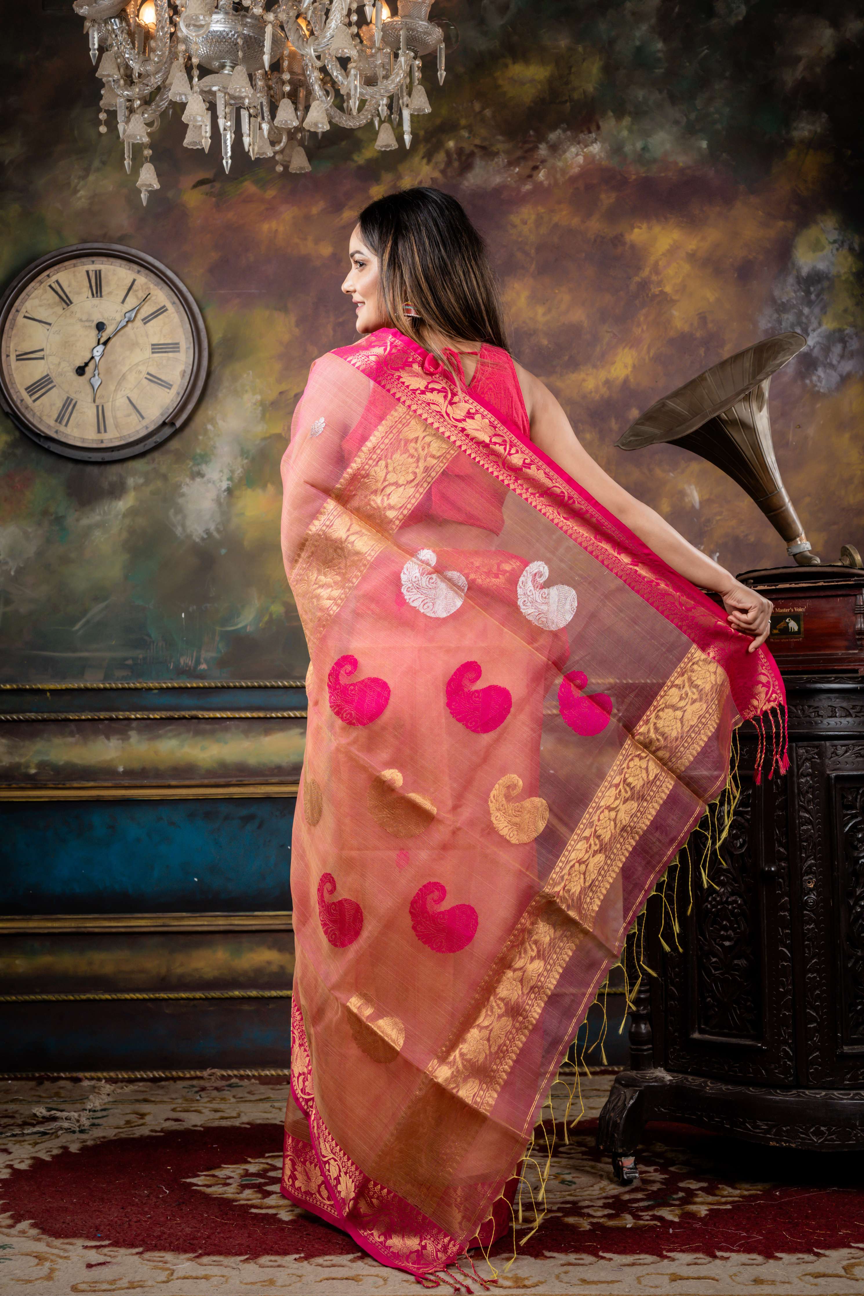 Padmaja || Magenta Pink & Neon Yellow dual tone Muslin Bengal Handloom Saree with all over Magenta Pink Resham, Antique Gold & Silver Zari Buti, 'Kalka' motif Pallu and Banarasi Border