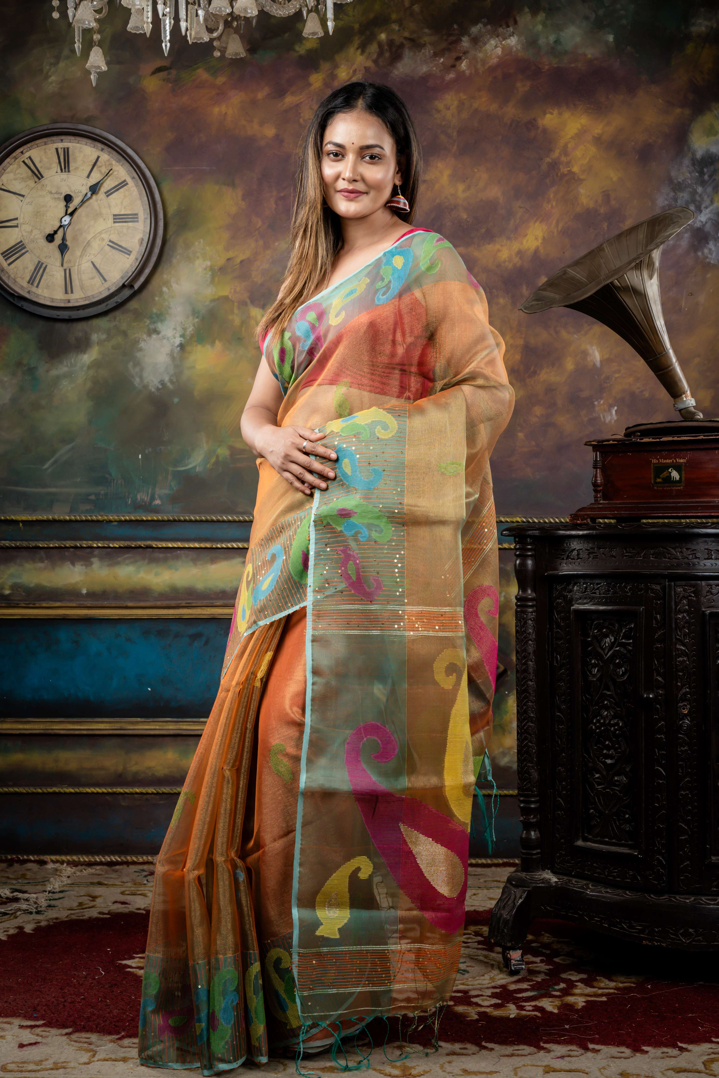 Aratrika || Olive Green & Magenta dual tone Premium Muslin Bengal Handloom Saree with all over Multi-colour Traditional 'Aam Kalka' motif Buta & Pallu and Silver Zari, Gold Zari & Sequins highlights