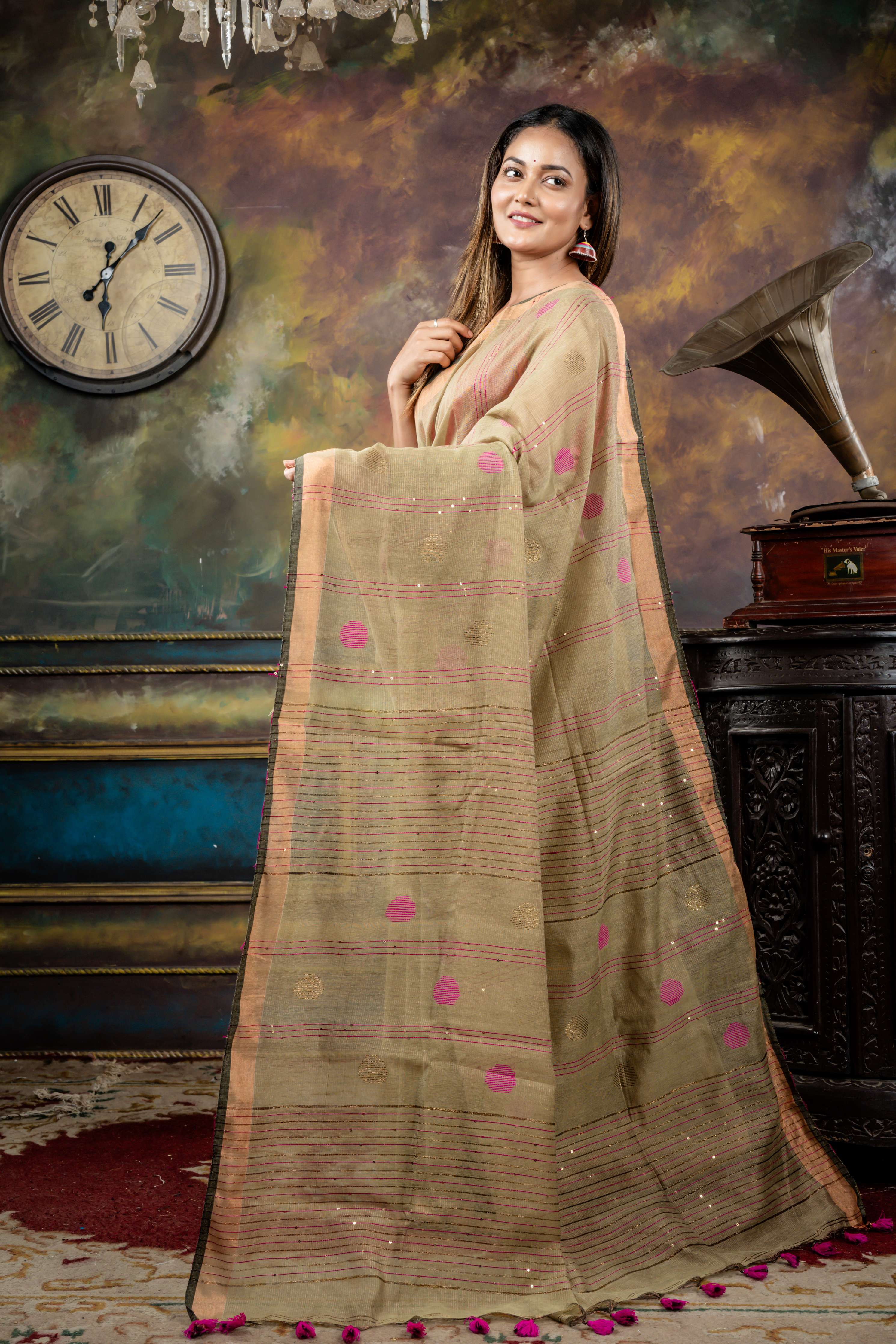 Tej Pata || Sage Green Tissue Linen Bengal Handloom Saree with all over Multi-colour Polka Dots, Golden Zari Stripes and Sequins highlights