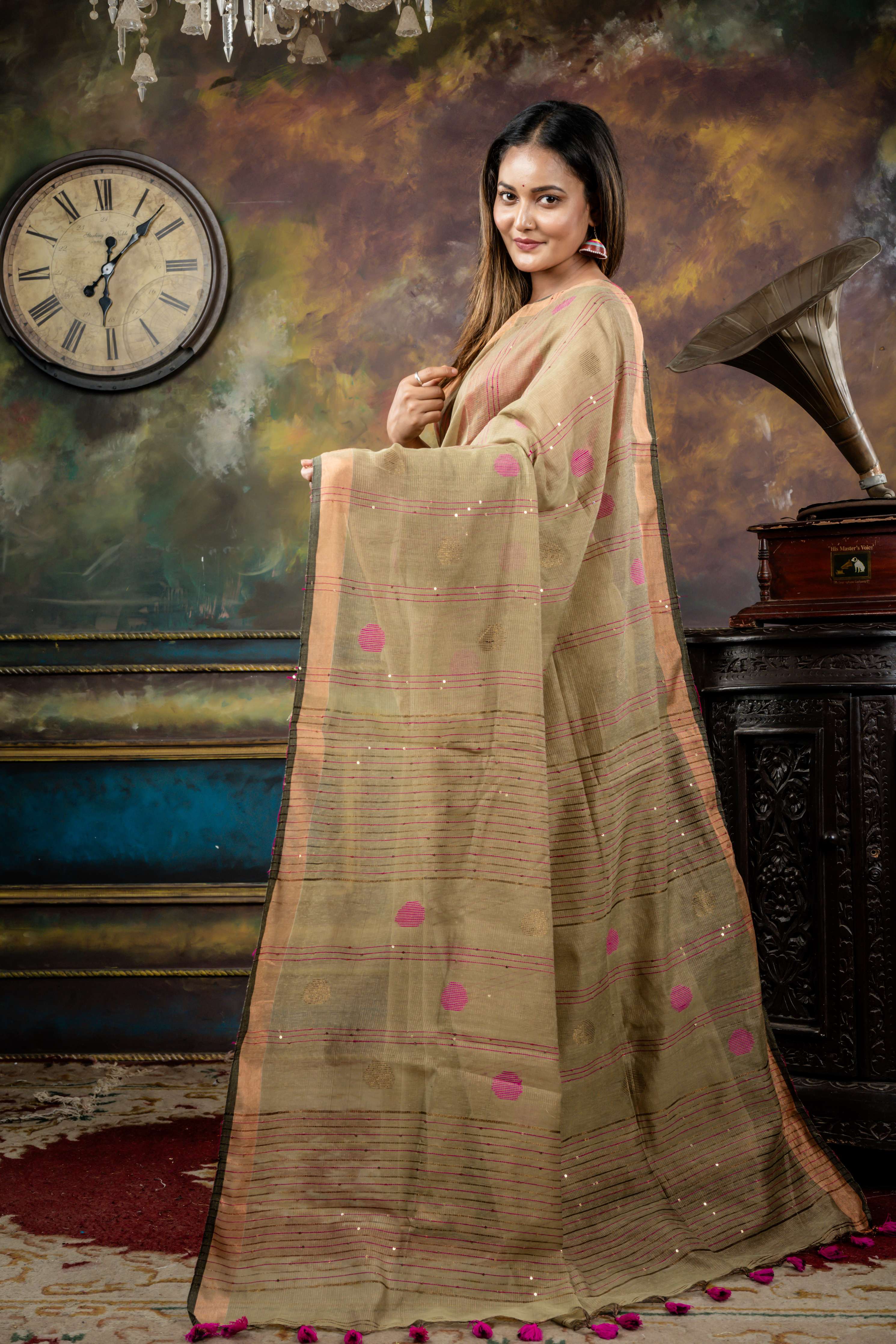 Tej Pata || Sage Green Tissue Linen Bengal Handloom Saree with all over Multi-colour Polka Dots, Golden Zari Stripes and Sequins highlights
