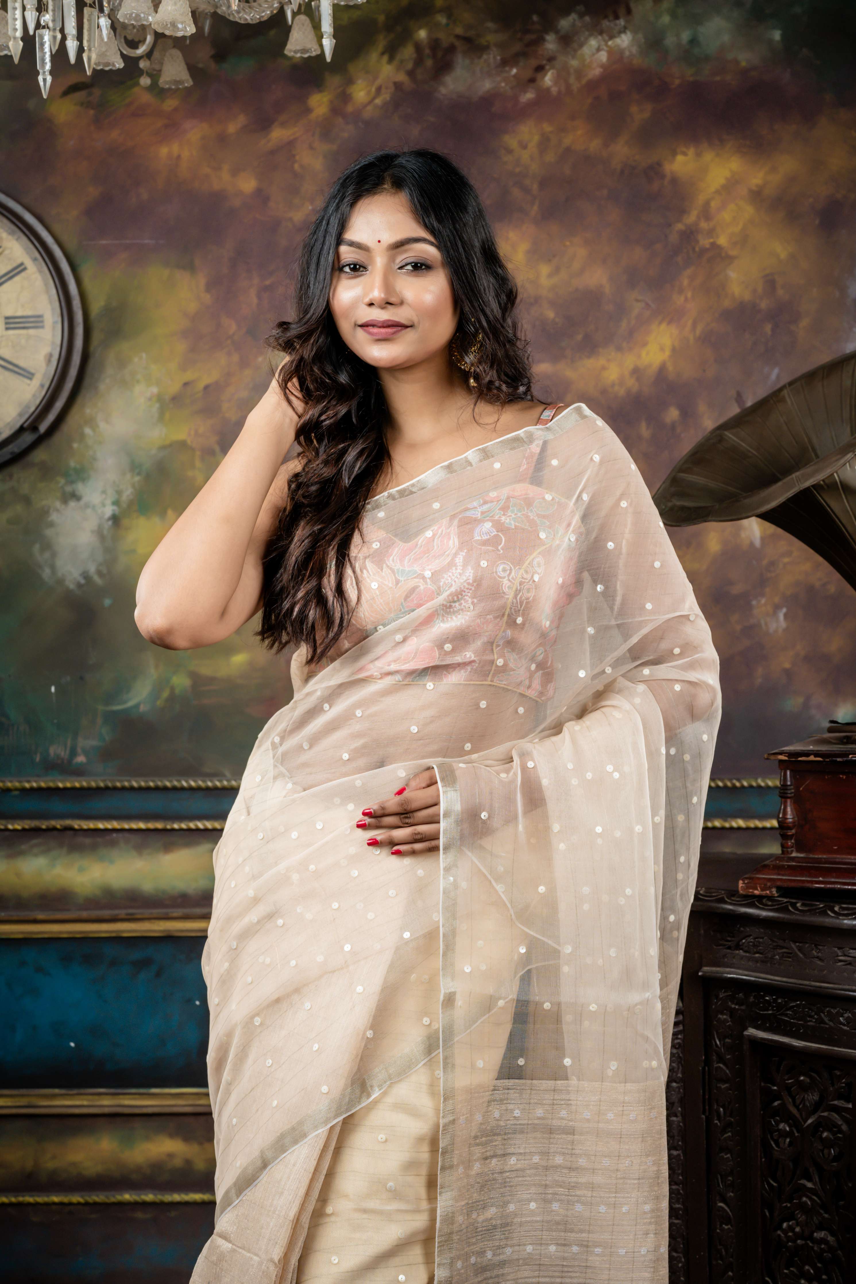 Ektara || Pearl White Half Matka & Half Muslin Bengal Handloom Saree with Half Body Plain, woven Sea Shell buttons with Silver Zari Stripes Half Body & Pallu and Silver Zari Border