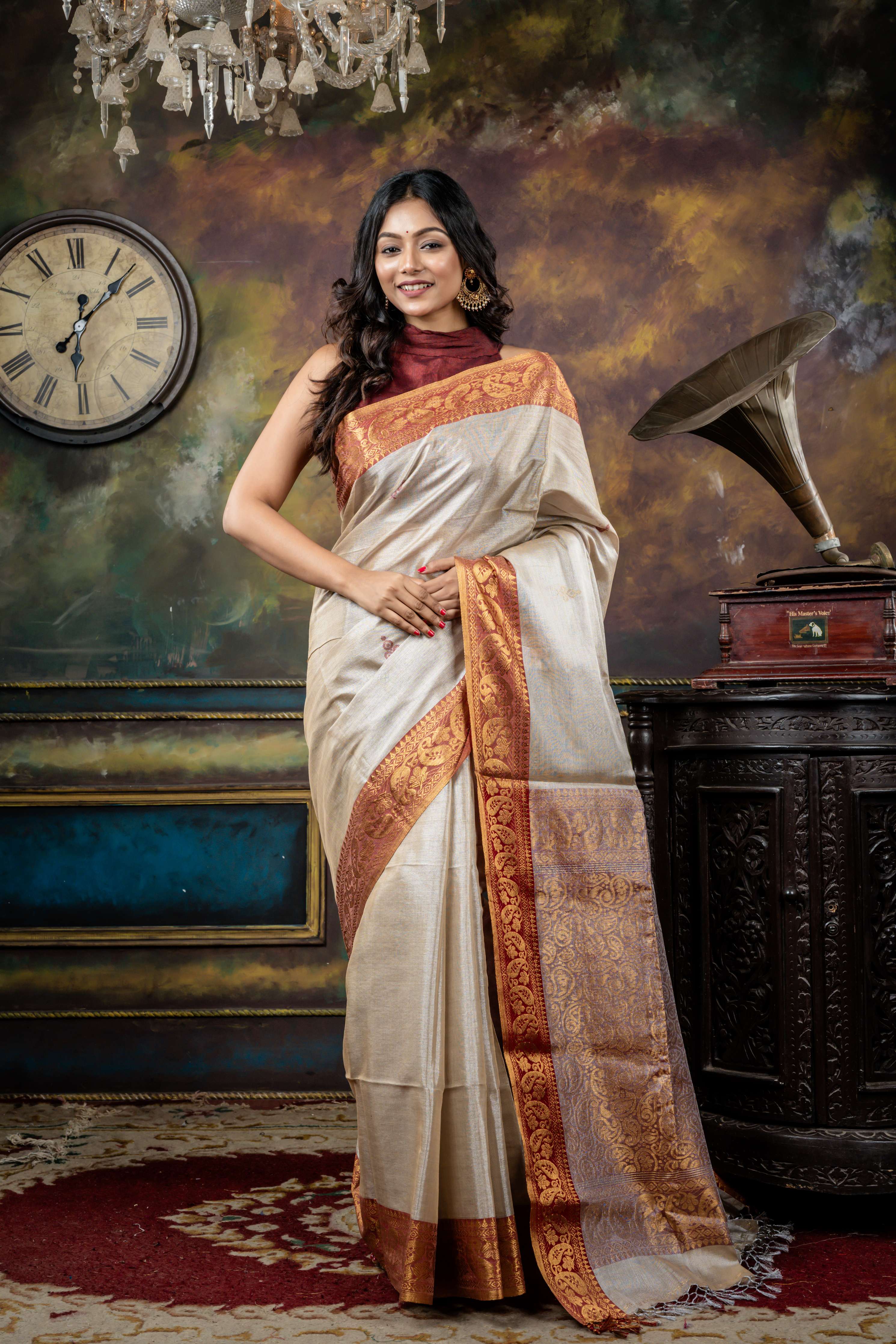 Tanya || Light Gold & Silver dual tone Tissue Linen Bengal Handloom Saree with all over Maroon Resham, Silver Zari & Gold Zari Buta and Kanchipuram Border & Pallu