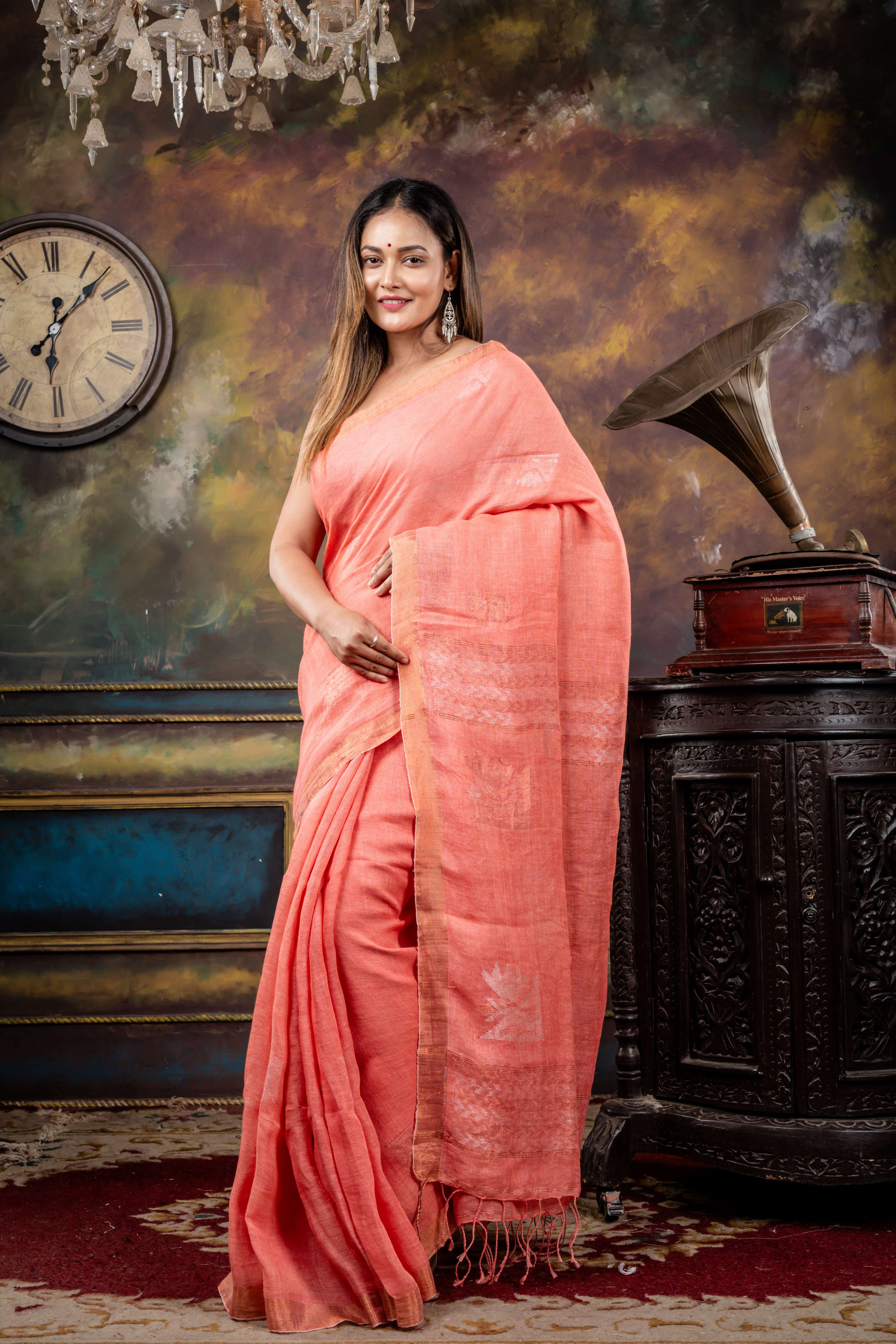 Pink Blush || Coral Pink Linen Bengal Handloom Saree with all over Silver & Copper Zari Abstract Jamdani Buta, Striped Pallu and Copper Zari Border