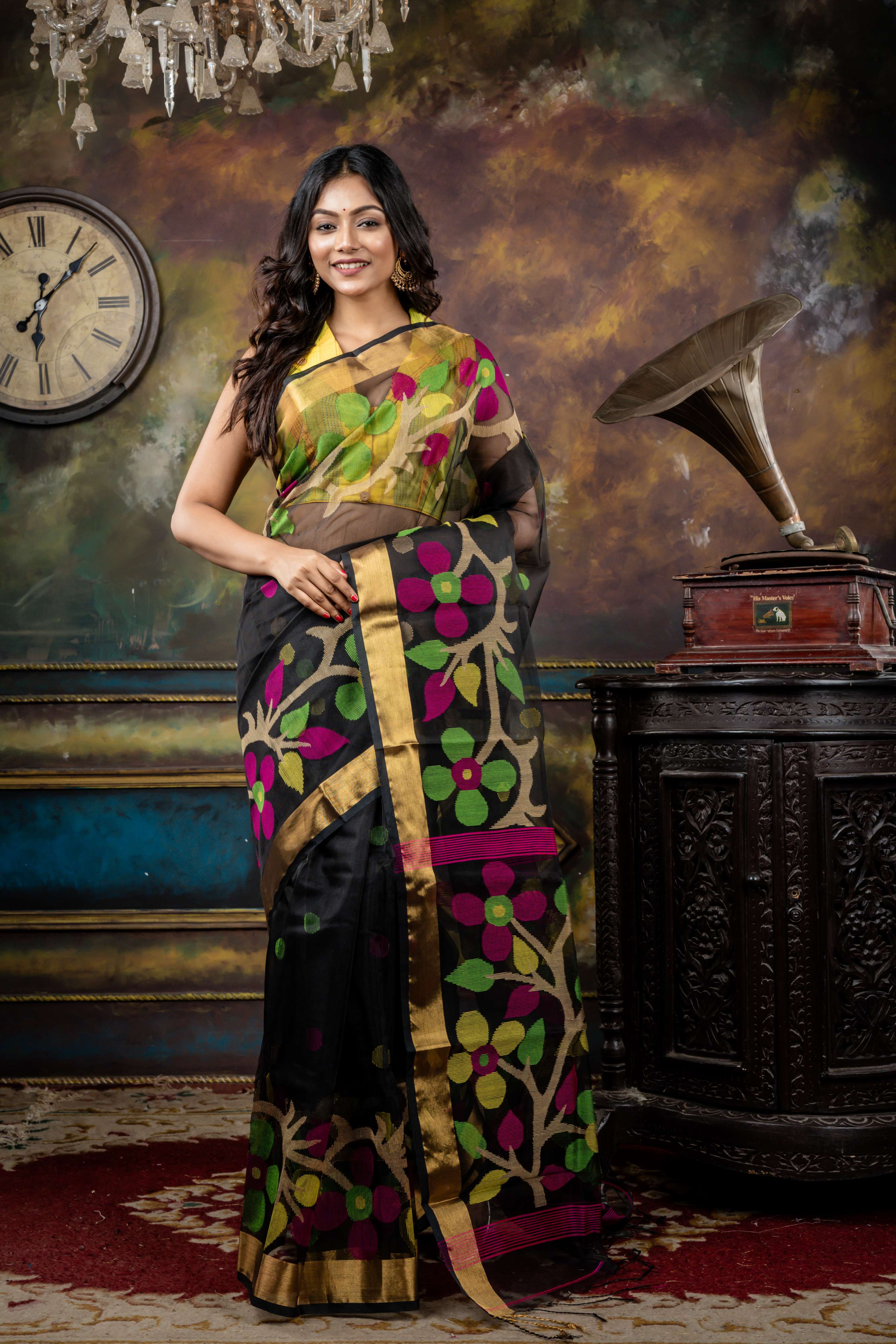 Tamosha || Black Premium Muslin Bengal Handloom Saree with all over Multi-colour woven Polka Dots, Floral Jamdani & Antique Gold Zari Border and Pallu