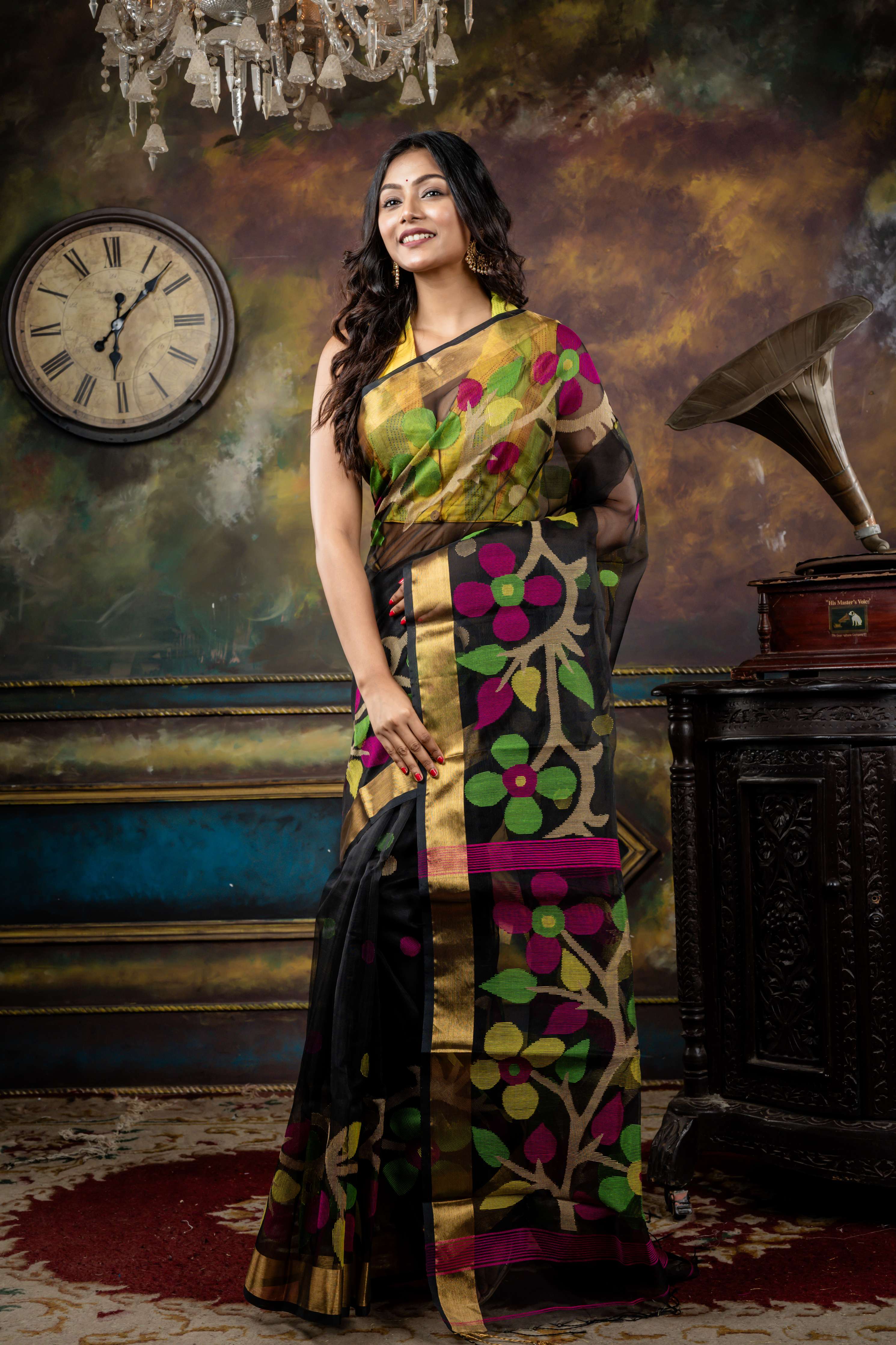 Tamosha || Black Premium Muslin Bengal Handloom Saree with all over Multi-colour woven Polka Dots, Floral Jamdani & Antique Gold Zari Border and Pallu