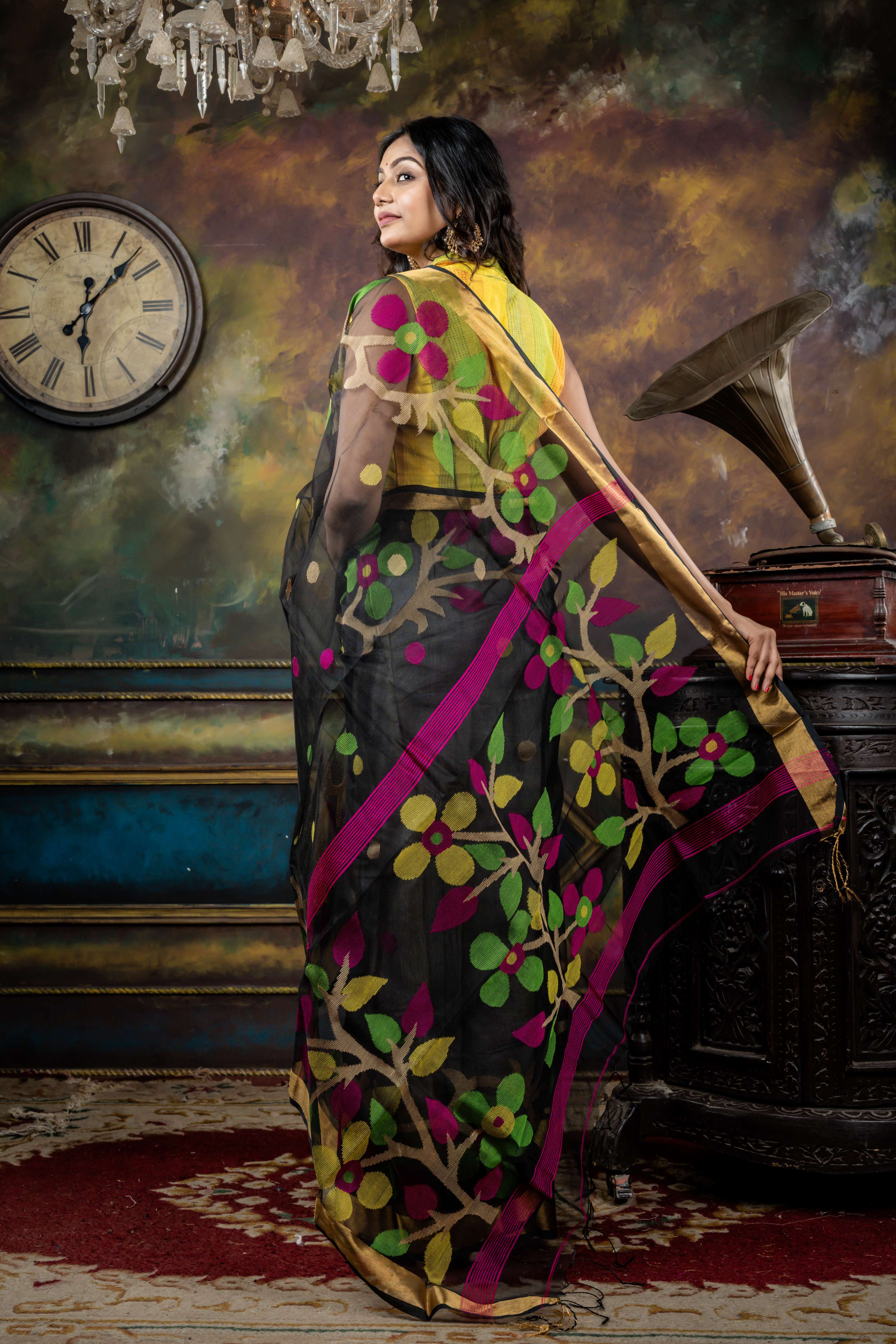 Tamosha || Black Premium Muslin Bengal Handloom Saree with all over Multi-colour woven Polka Dots, Floral Jamdani & Antique Gold Zari Border and Pallu