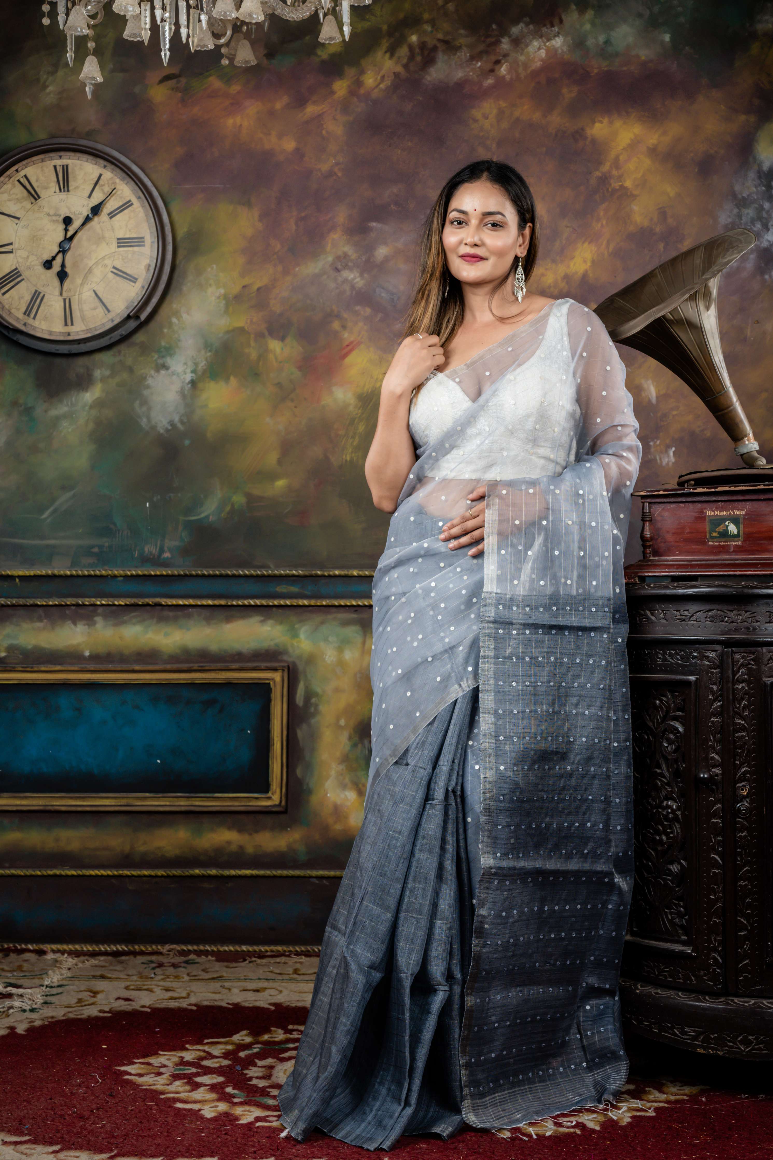 Barsha || Dusty Blue Half Matka & Half Muslin Bengal Handloom Saree with Half Body Plain, woven Sea Shell buttons with Silver Zari Stripes Half Body & Pallu and Silver Zari Border