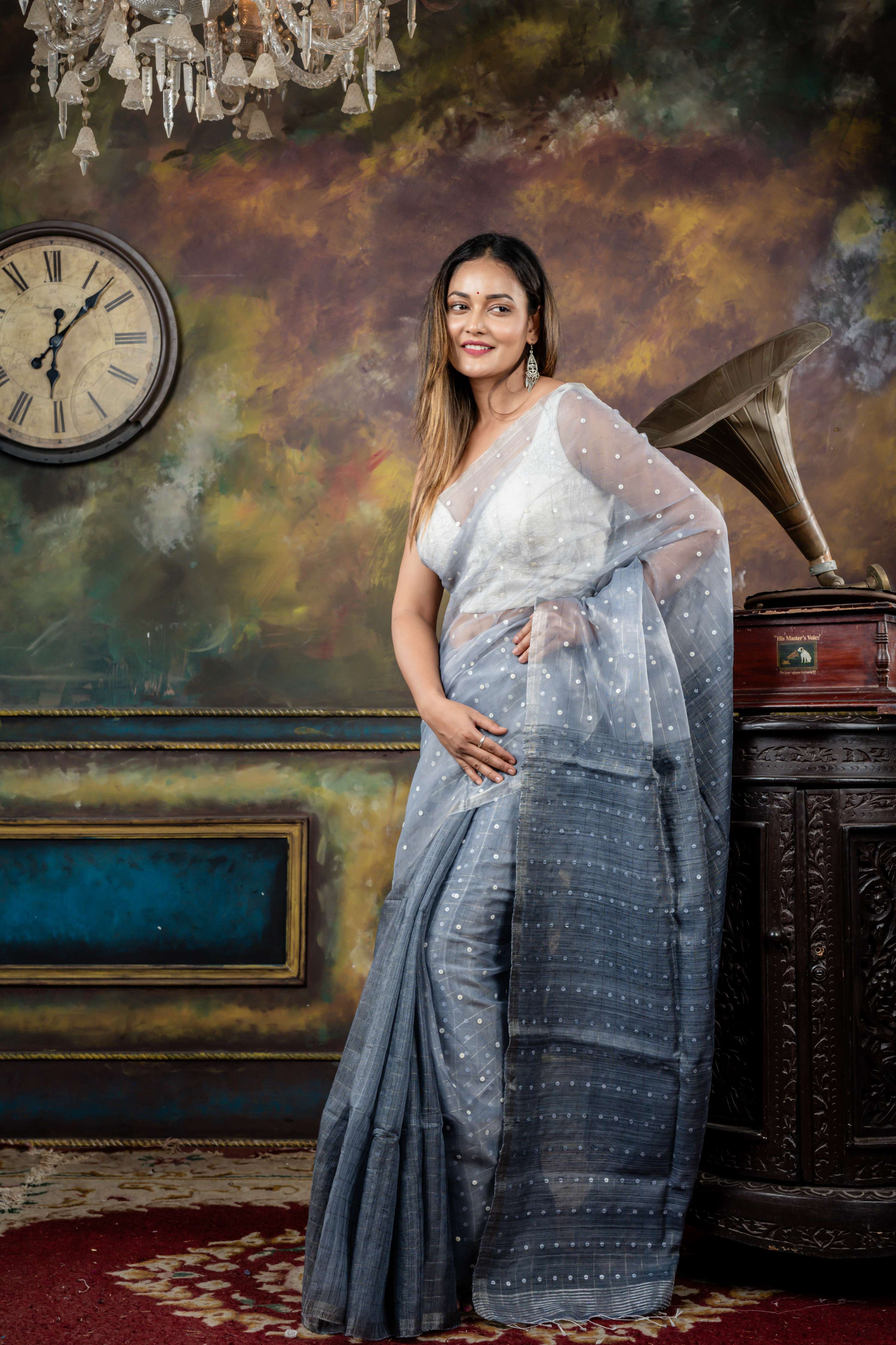 Barsha || Dusty Blue Half Matka & Half Muslin Bengal Handloom Saree with Half Body Plain, woven Sea Shell buttons with Silver Zari Stripes Half Body & Pallu and Silver Zari Border