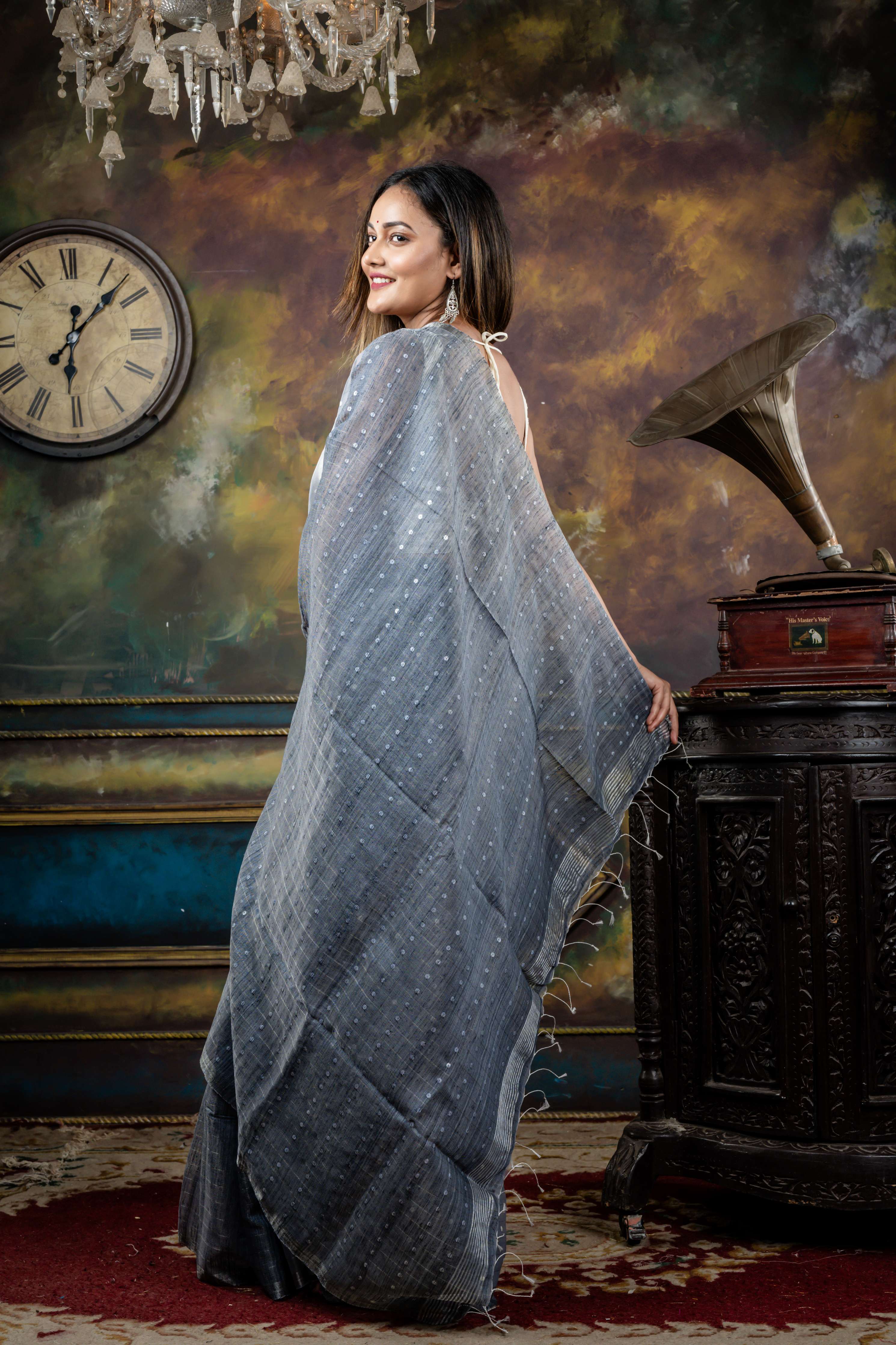 Barsha || Dusty Blue Half Matka & Half Muslin Bengal Handloom Saree with Half Body Plain, woven Sea Shell buttons with Silver Zari Stripes Half Body & Pallu and Silver Zari Border