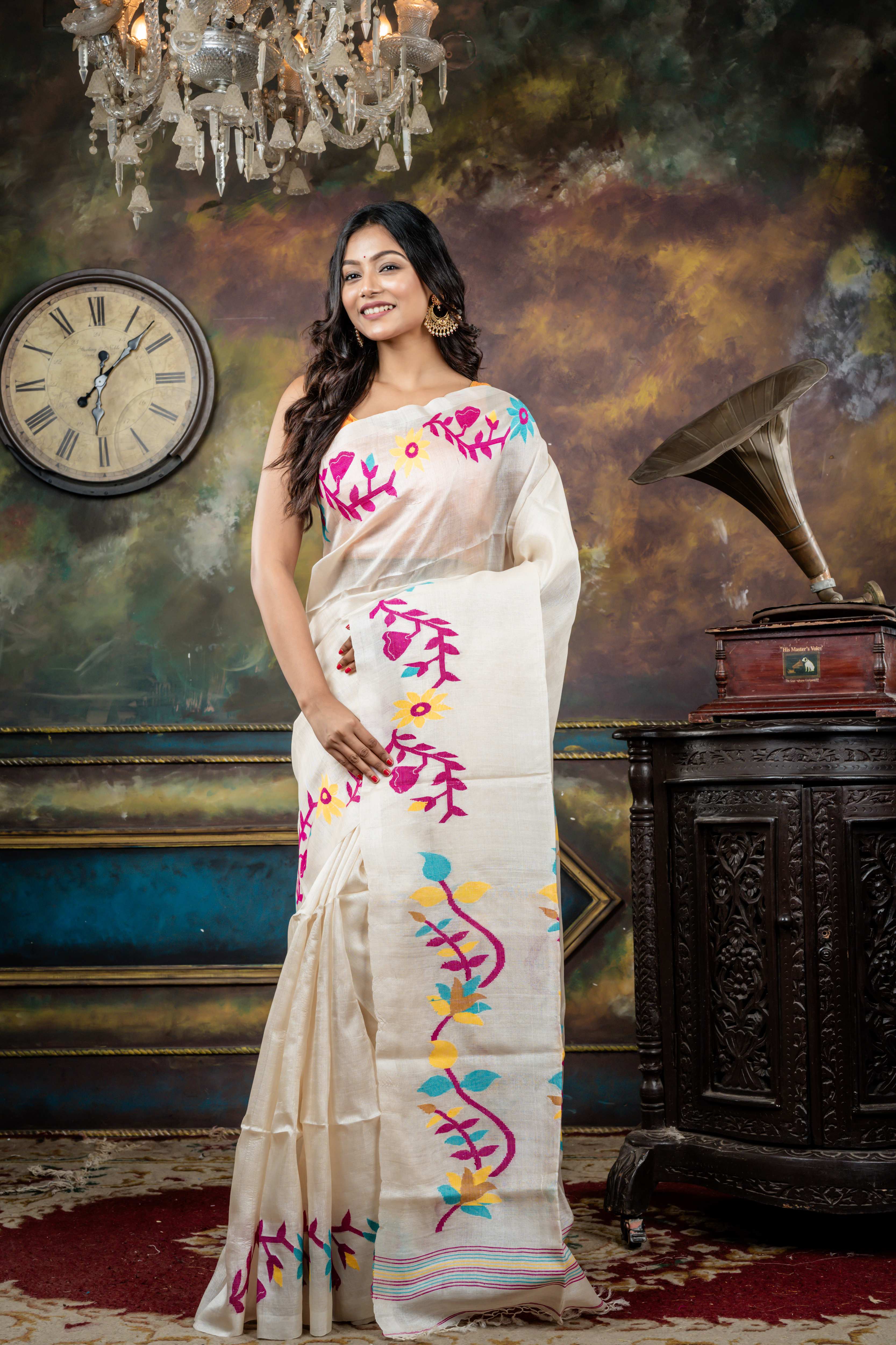 Ketaki || Off-White Pure Tussar Bengal Handloom Saree with Plain Body and Multi-colour Resham Floral Jamdani Border & Pallu
