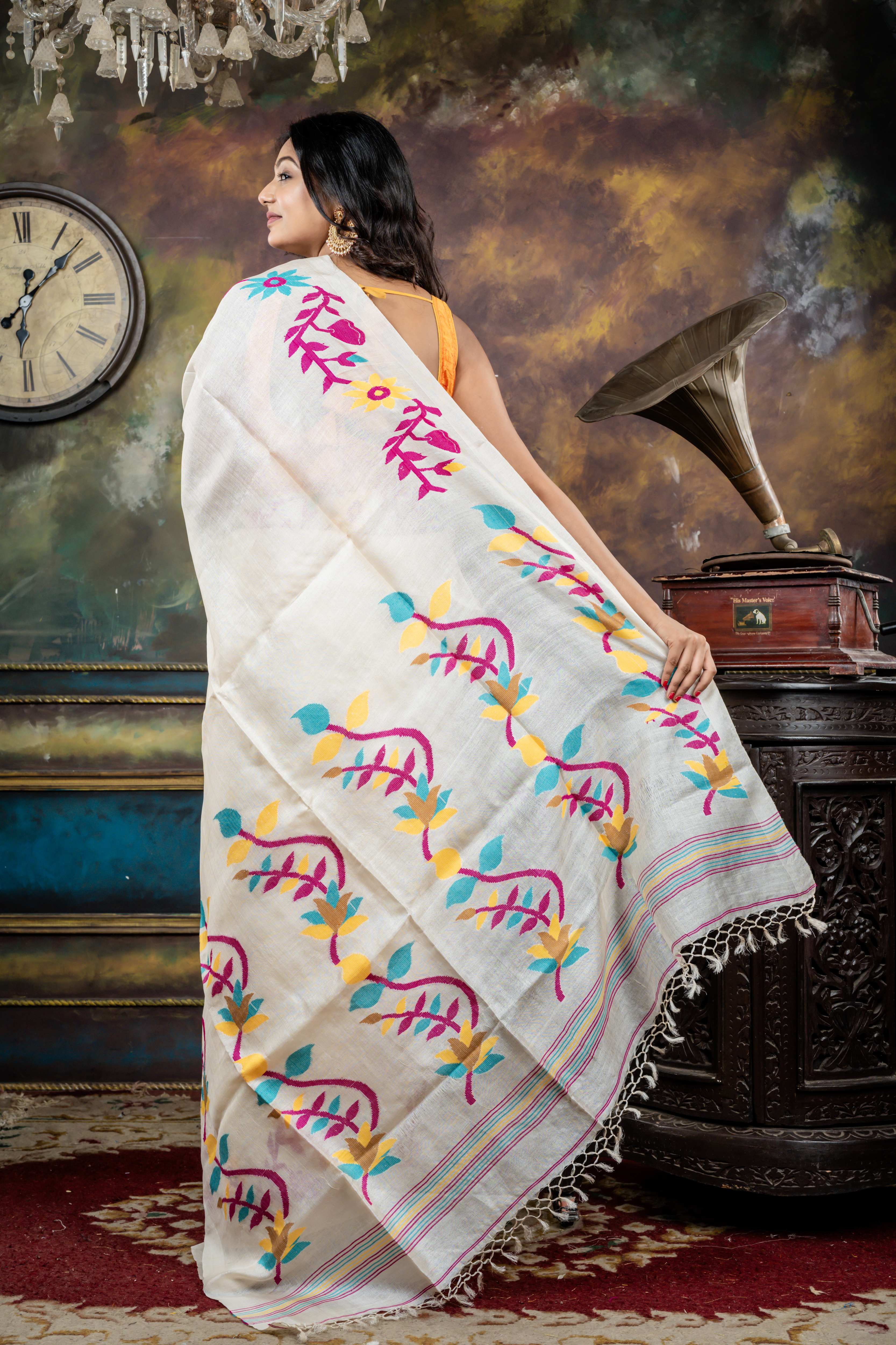 Ketaki || Off-White Pure Tussar Bengal Handloom Saree with Plain Body and Multi-colour Resham Floral Jamdani Border & Pallu