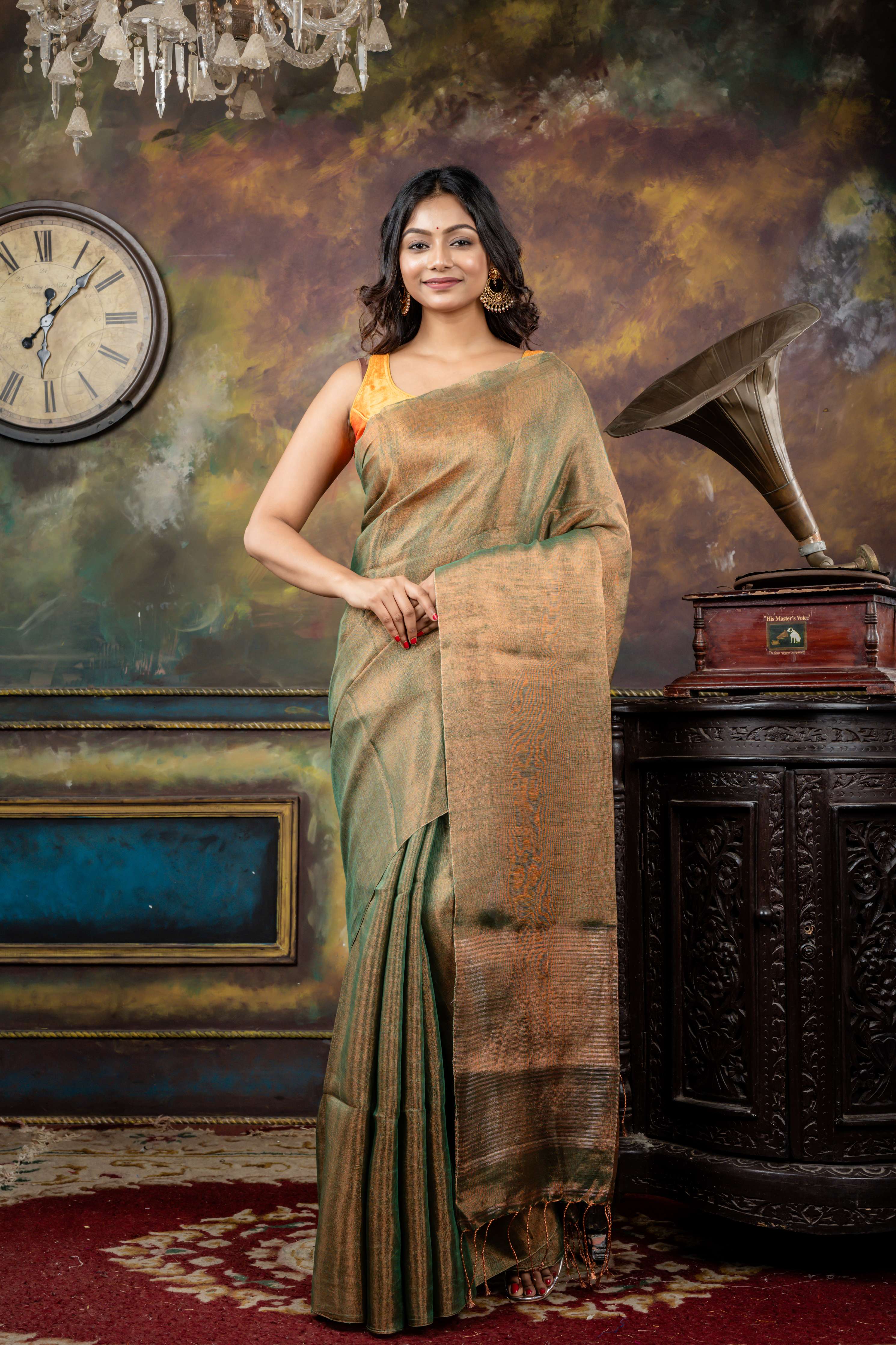 Shaili || Dark Sap Green & Copper dual tone Metallic Tissue Linen Bengal Handloom Saree with Metallic Copper Stripe Pallu