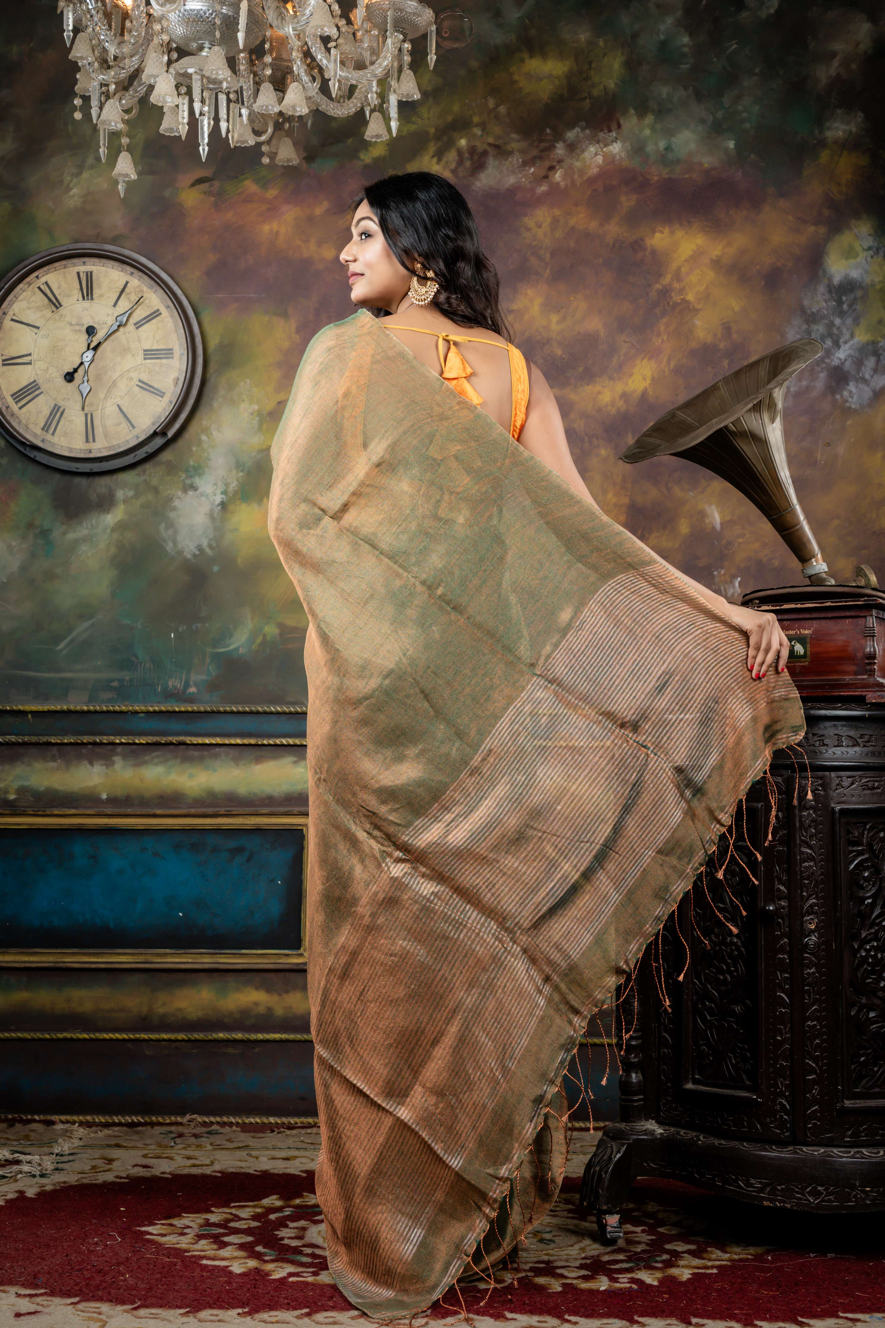 Shaili || Dark Sap Green & Copper dual tone Metallic Tissue Linen Bengal Handloom Saree with Metallic Copper Stripe Pallu