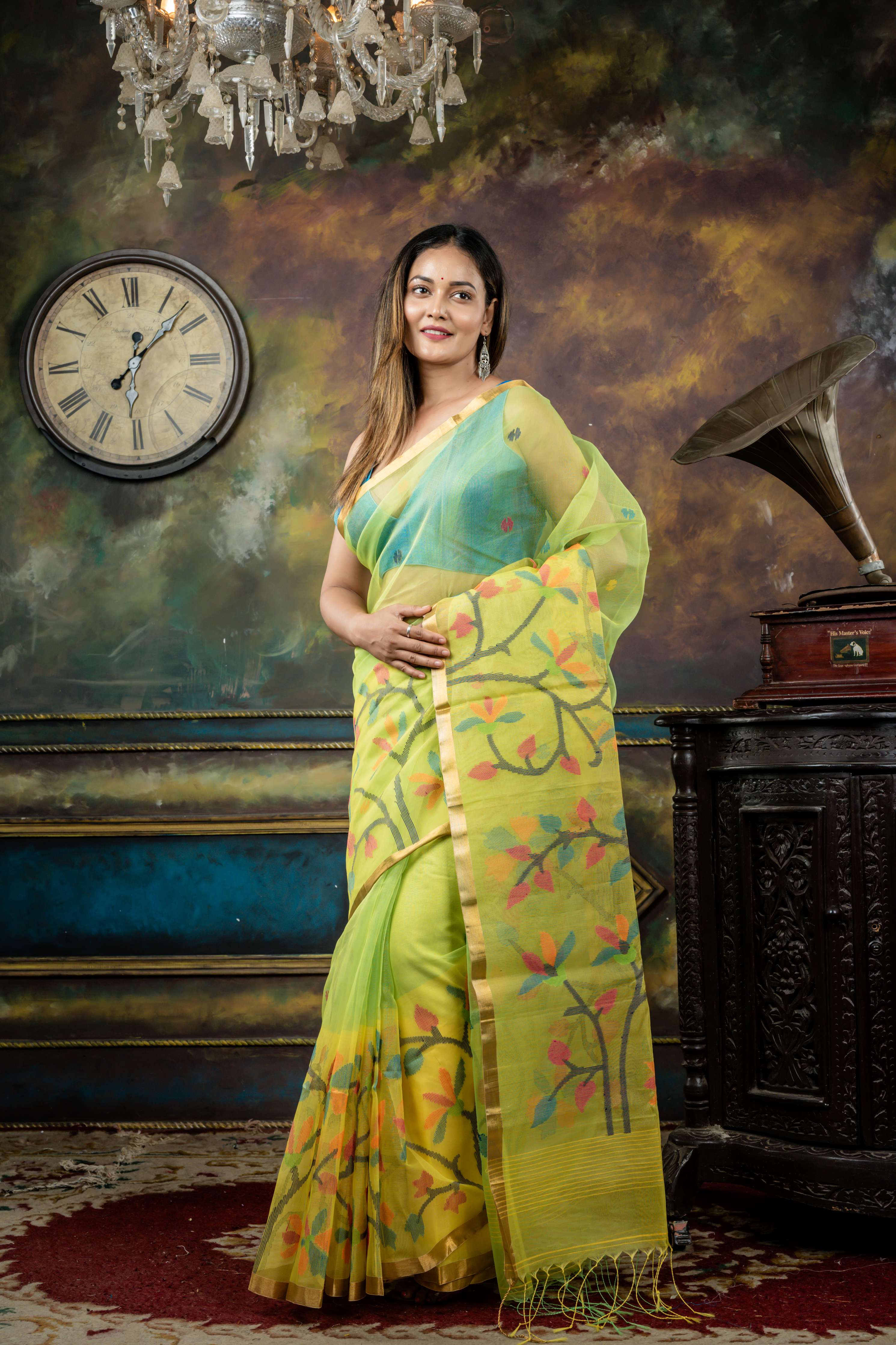 Madhabilata || Lime Green Premium Muslin Bengal Handloom Saree with all over Multi-colour Jamdani Buta and Bright Yellow Floral Jamdani 'Mahapadh' Border & Pallu