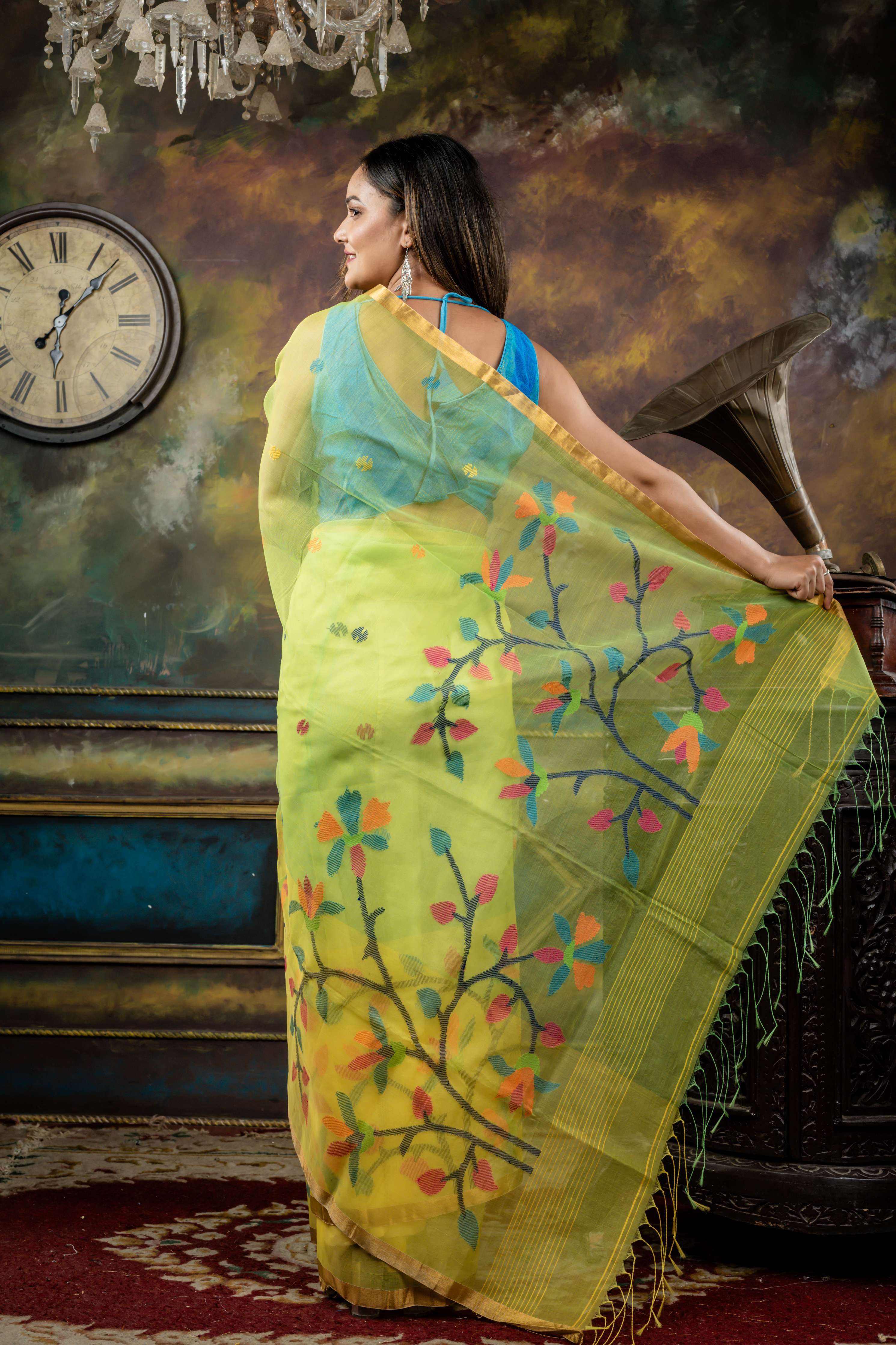 Madhabilata || Lime Green Premium Muslin Bengal Handloom Saree with all over Multi-colour Jamdani Buta and Bright Yellow Floral Jamdani 'Mahapadh' Border & Pallu