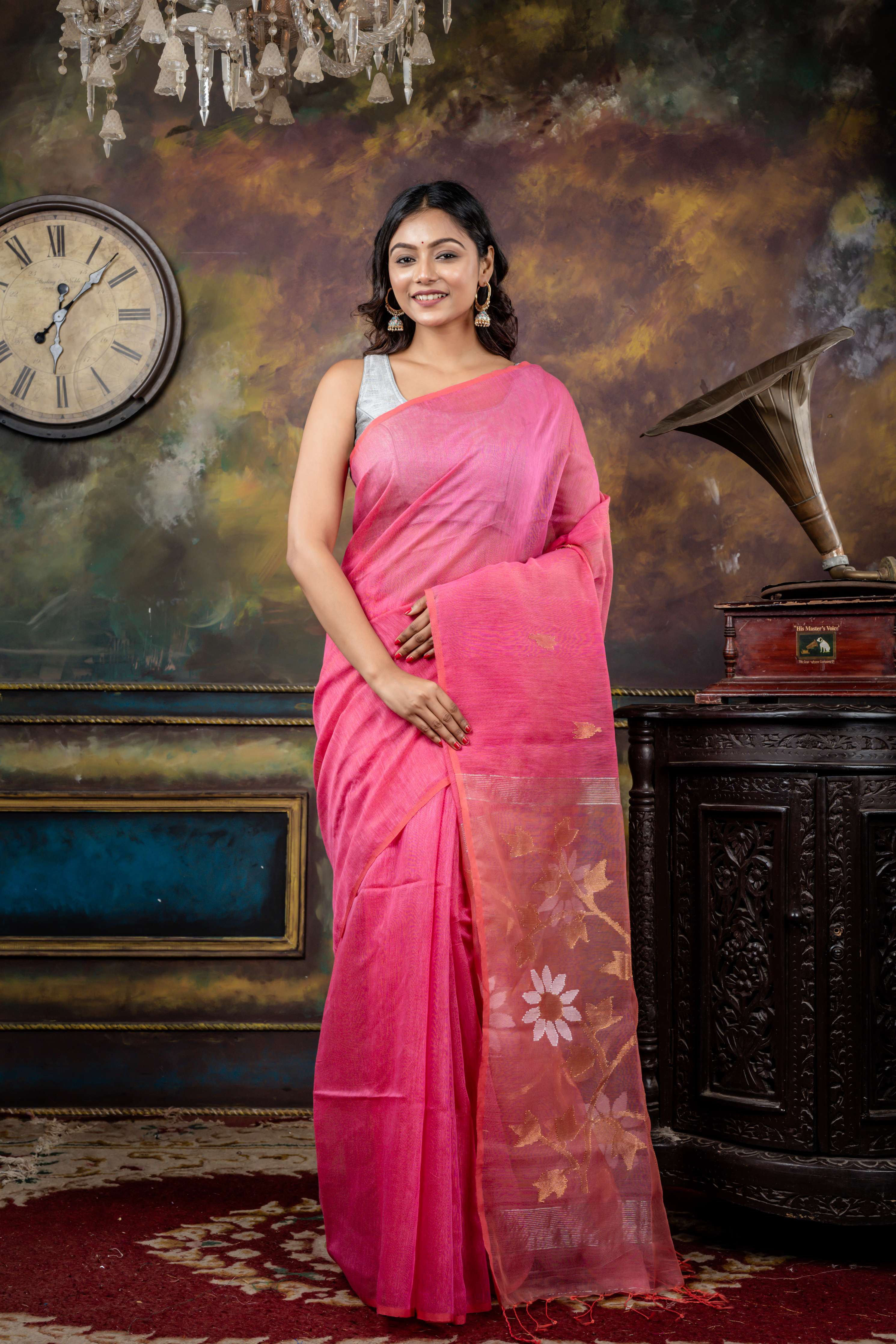 Moumita || Rose Pink Silk Linen Bengal Handloom Saree with Half Body Plain and Half Body Antique Gold Zari Needlework Jamdani Floral motif Buta & Pallu
