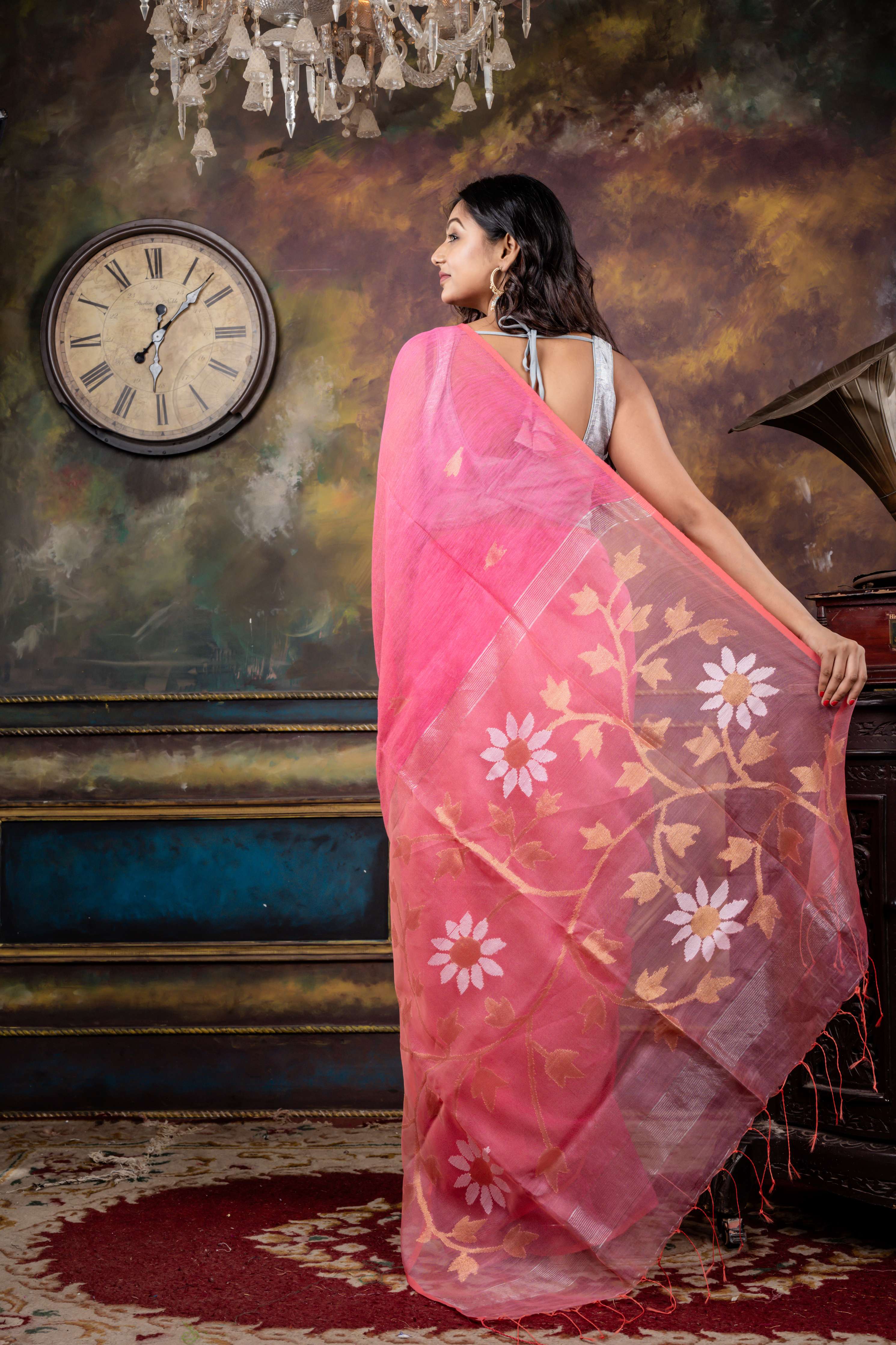 Moumita || Rose Pink Silk Linen Bengal Handloom Saree with Half Body Plain and Half Body Antique Gold Zari Needlework Jamdani Floral motif Buta & Pallu