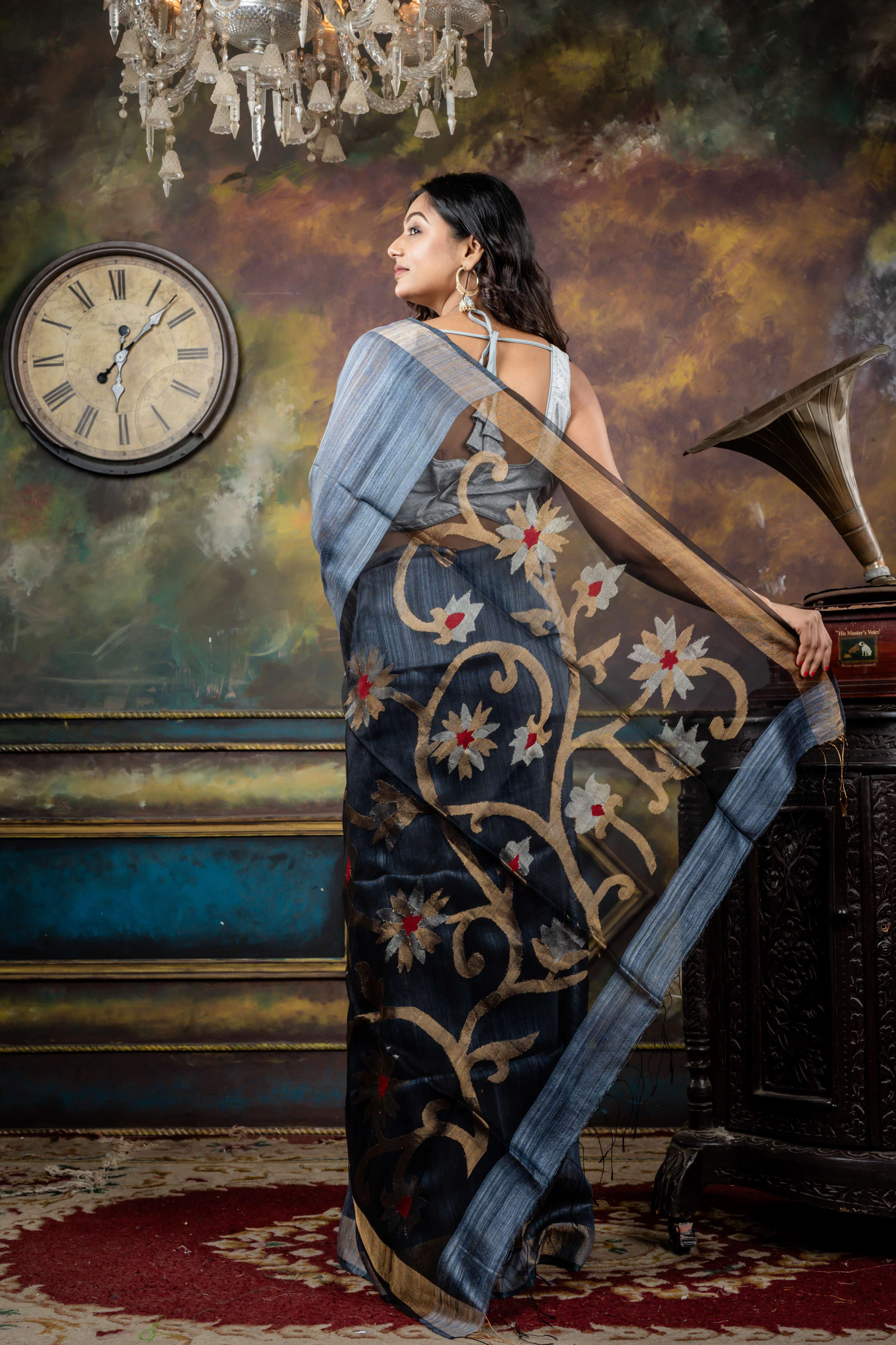 Dhumketu || Metallic Grey Pure Matka Bengal Handloom Saree with Plain Body, Antique Zari Plain Border and Red Resham, Antique Silver & Antique Gold Zari Floral Jamdani on Black Muslin Pallu