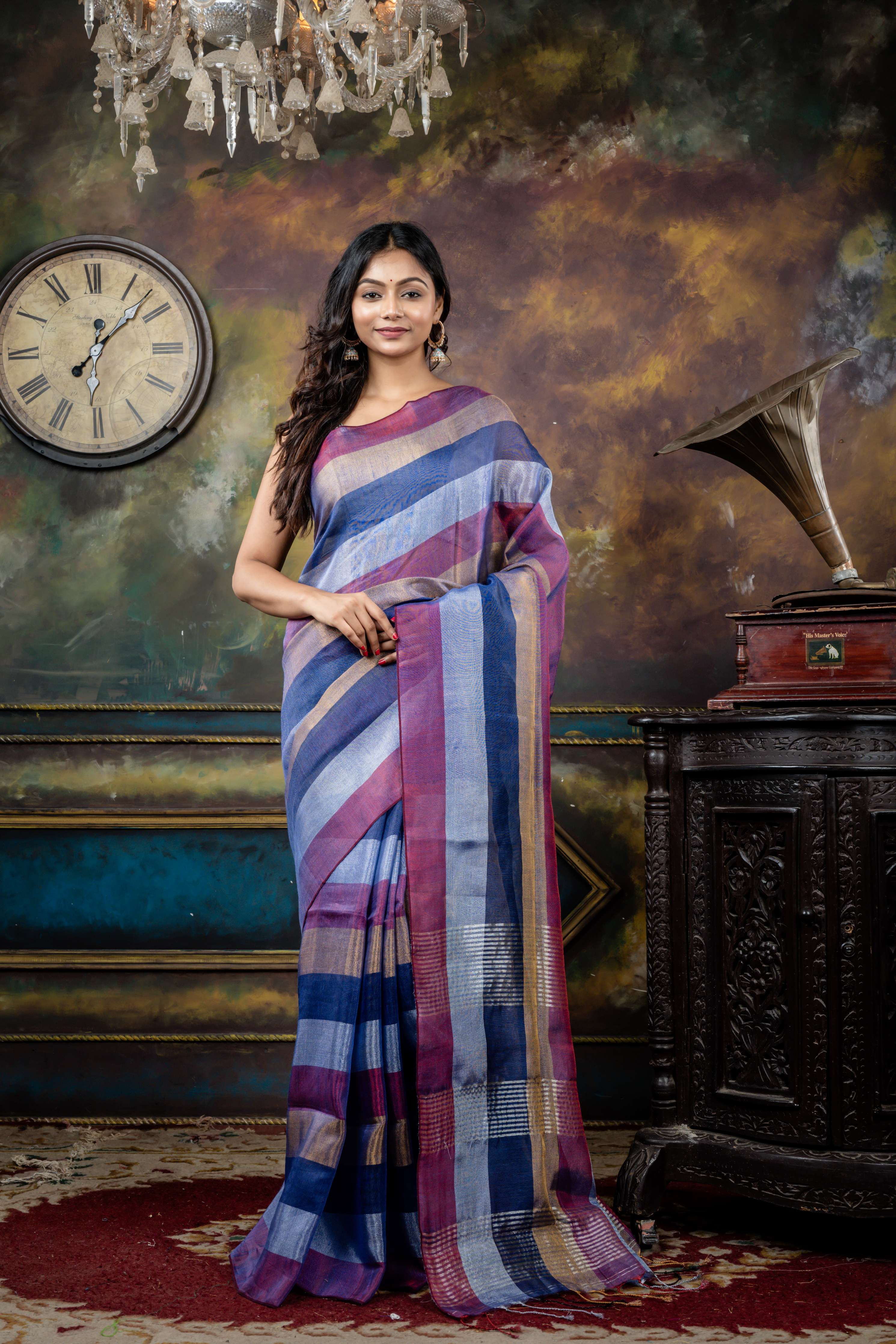 Crossroads || Multi-colour Metallic Tissue Linen Bengal Handloom Saree with all over 4D Colour block Stripes