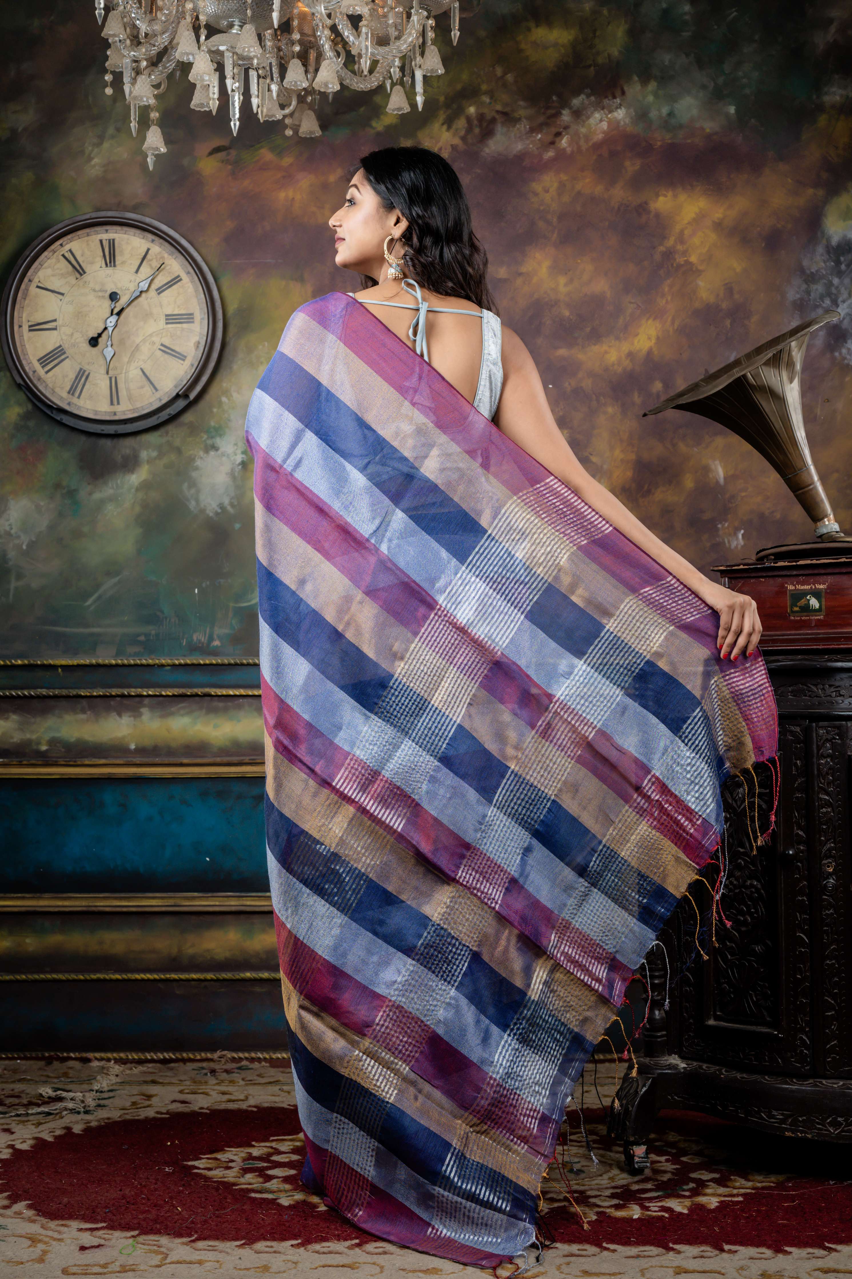 Crossroads || Multi-colour Metallic Tissue Linen Bengal Handloom Saree with all over 4D Colour block Stripes