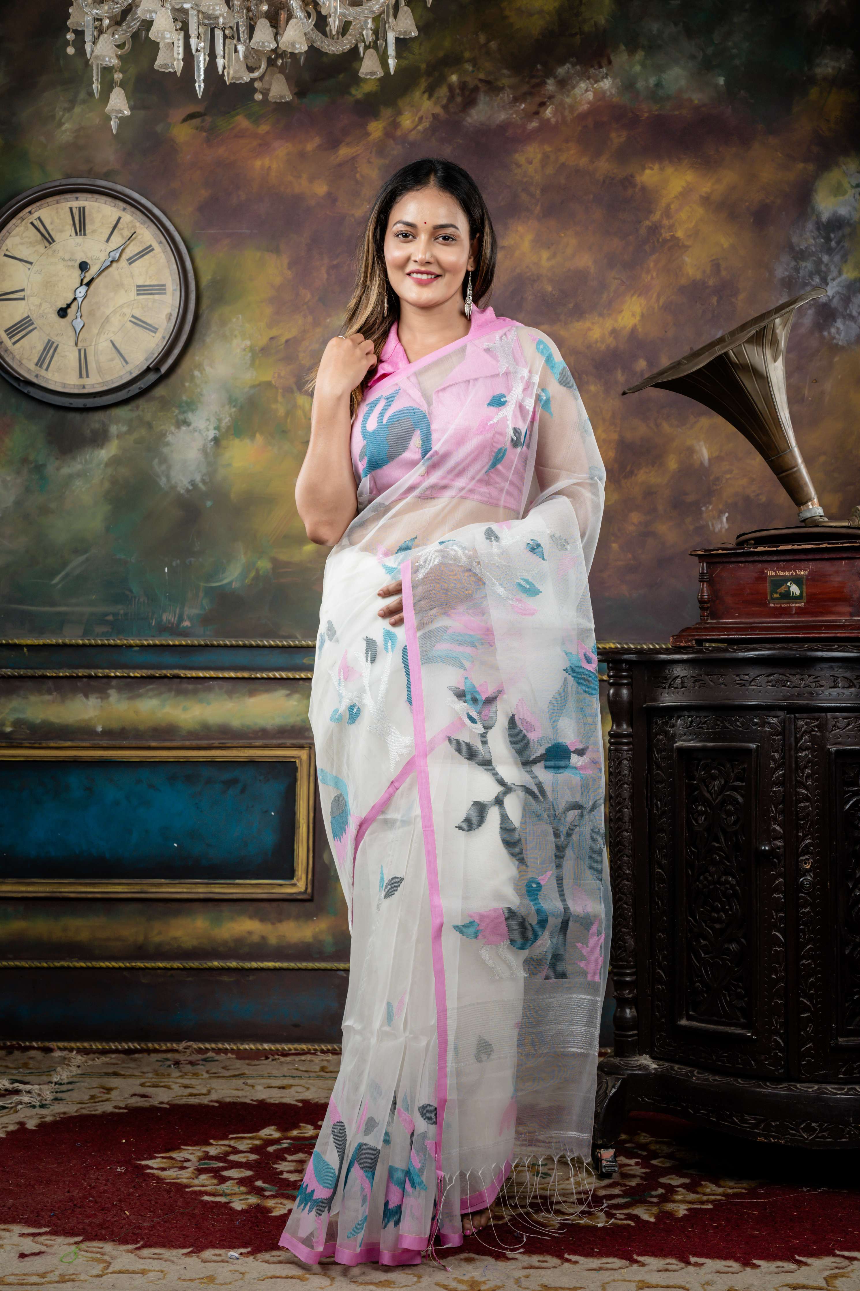 Malati || White Premium Muslin Bengal Handloom Saree with all over Multi-colour 'Leaf' motif Jamdani Buta & Pallu with Silver Zari highlights