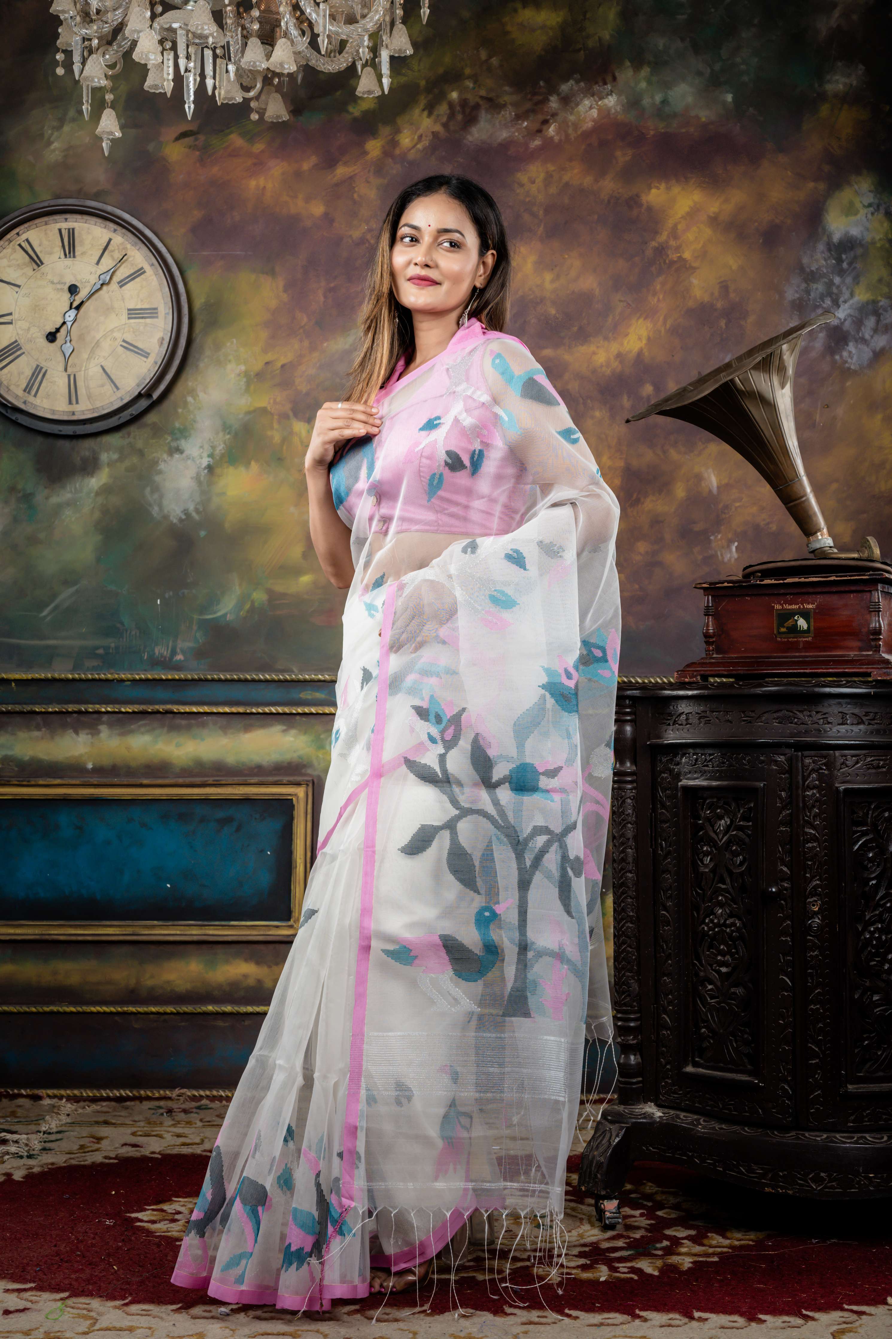 Malati || White Premium Muslin Bengal Handloom Saree with all over Multi-colour 'Leaf' motif Jamdani Buta & Pallu with Silver Zari highlights