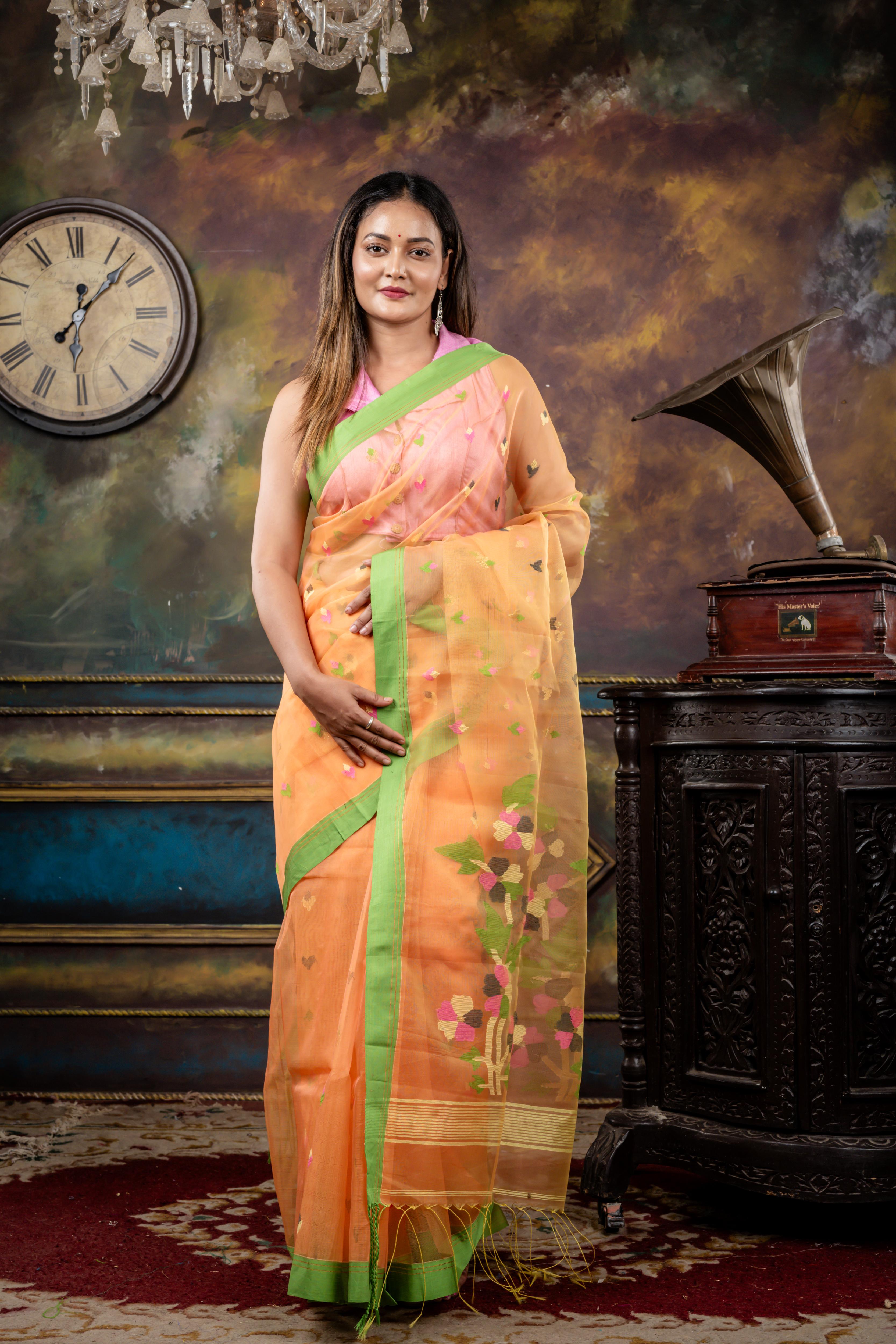 Aruna || Light Orange & Lemon Yellow dual tone Premium Muslin Bengal Handloom Saree with all over Multi-colour Buta and 'Floral' Jamdani Pallu