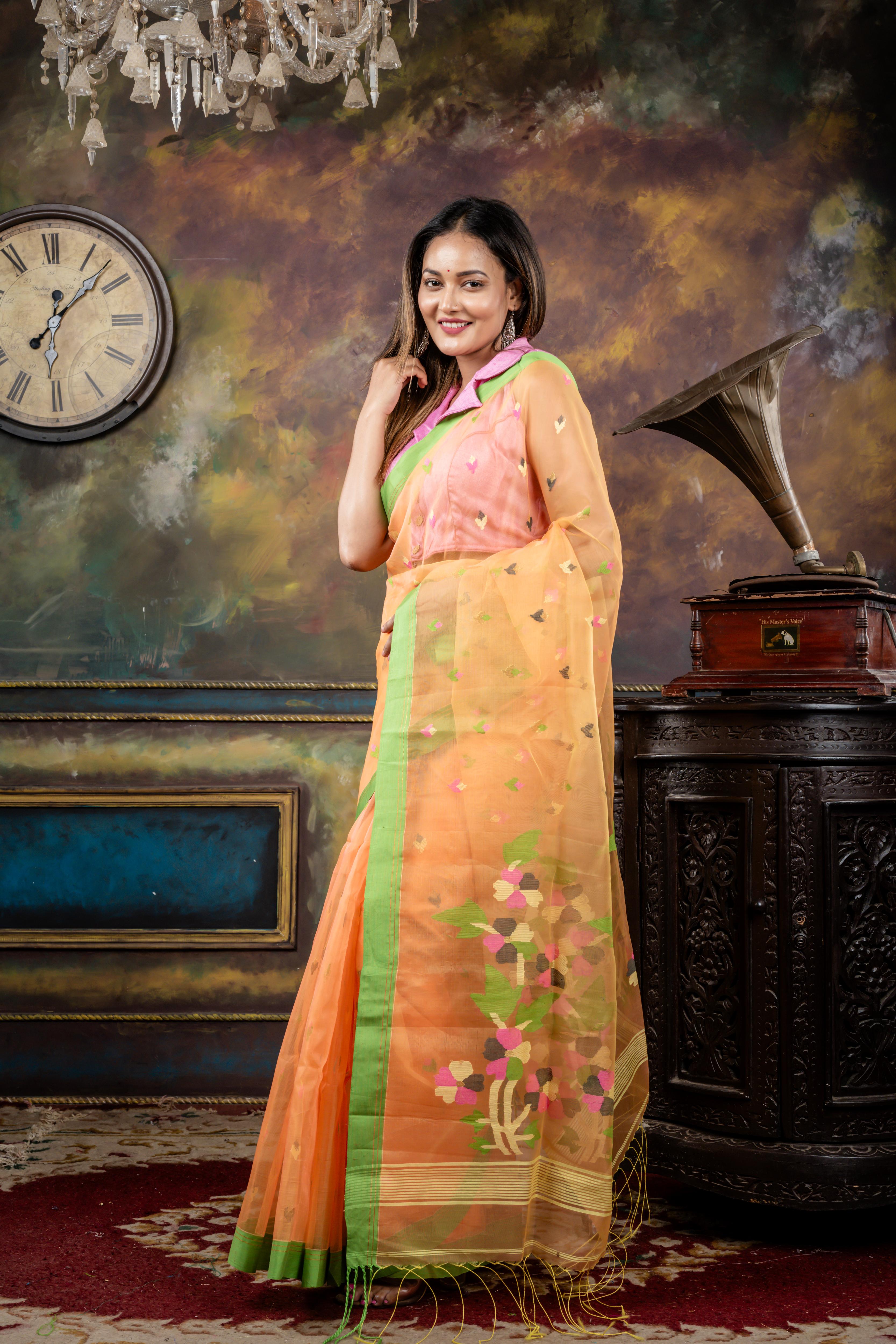 Aruna || Light Orange & Lemon Yellow dual tone Premium Muslin Bengal Handloom Saree with all over Multi-colour Buta and 'Floral' Jamdani Pallu