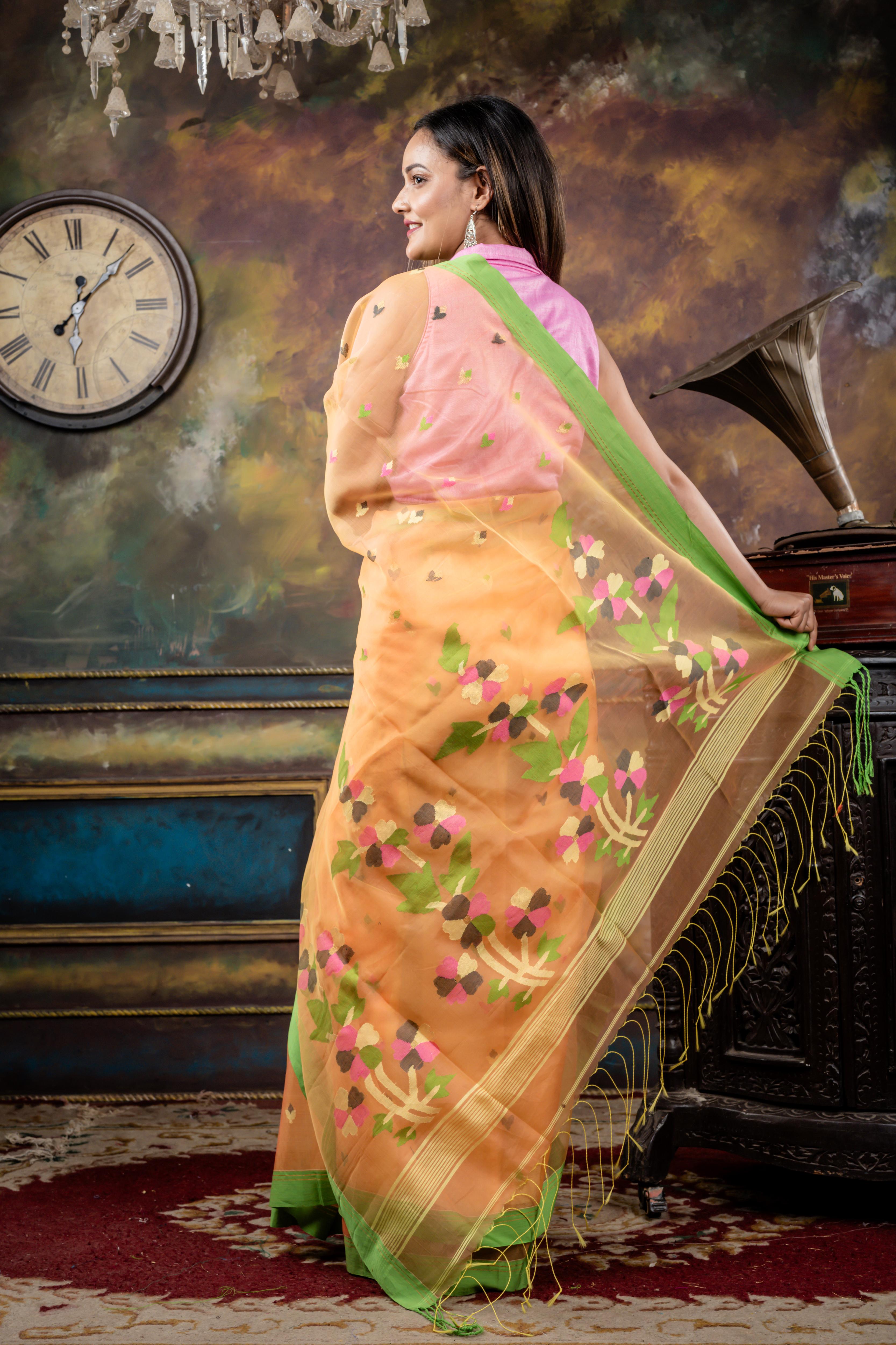 Aruna || Light Orange & Lemon Yellow dual tone Premium Muslin Bengal Handloom Saree with all over Multi-colour Buta and 'Floral' Jamdani Pallu