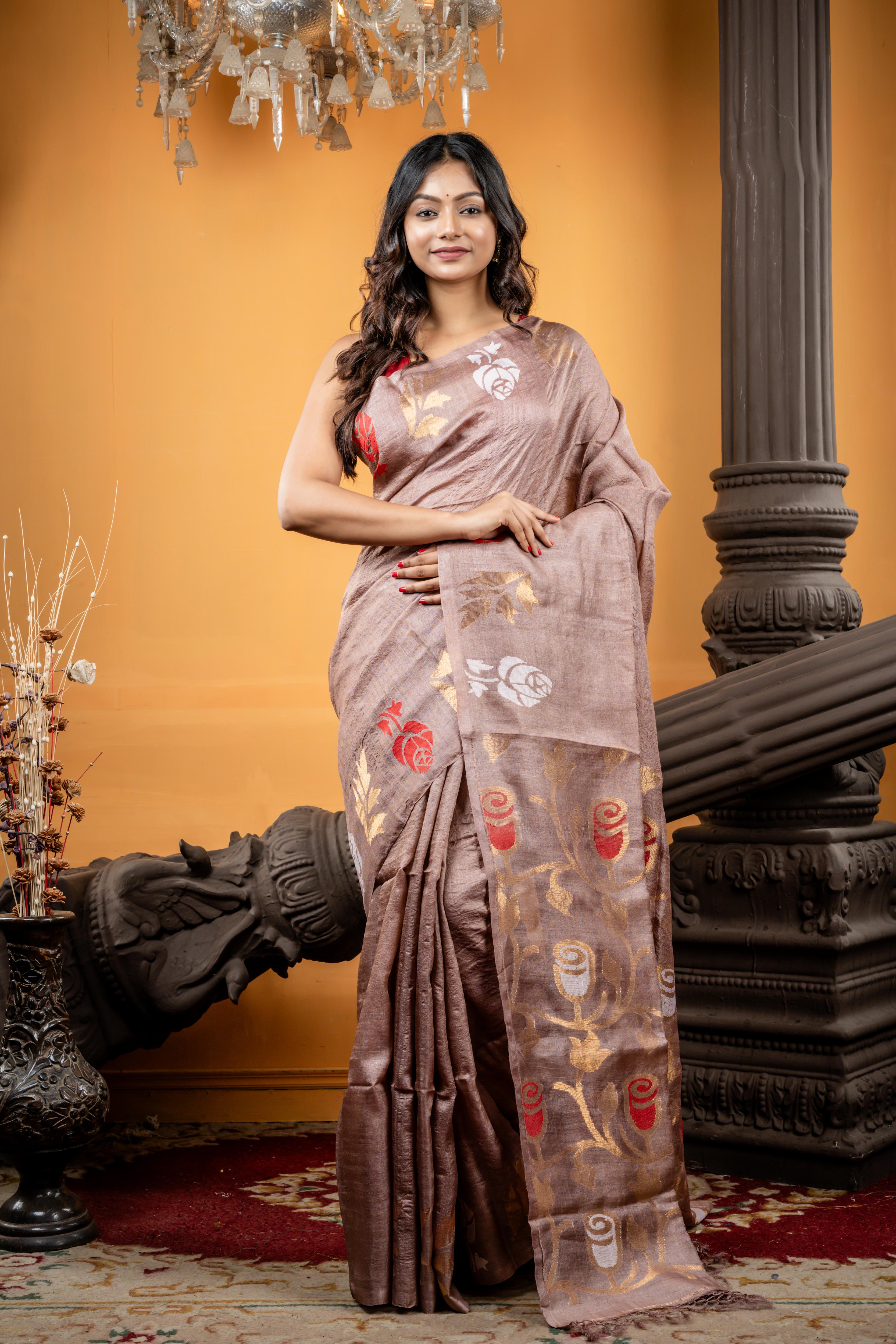 Roja || Rosy Brown Pure Tussar Silk Saree with Red & White Rose Motif and Antique Gold highlights Border & Pallu