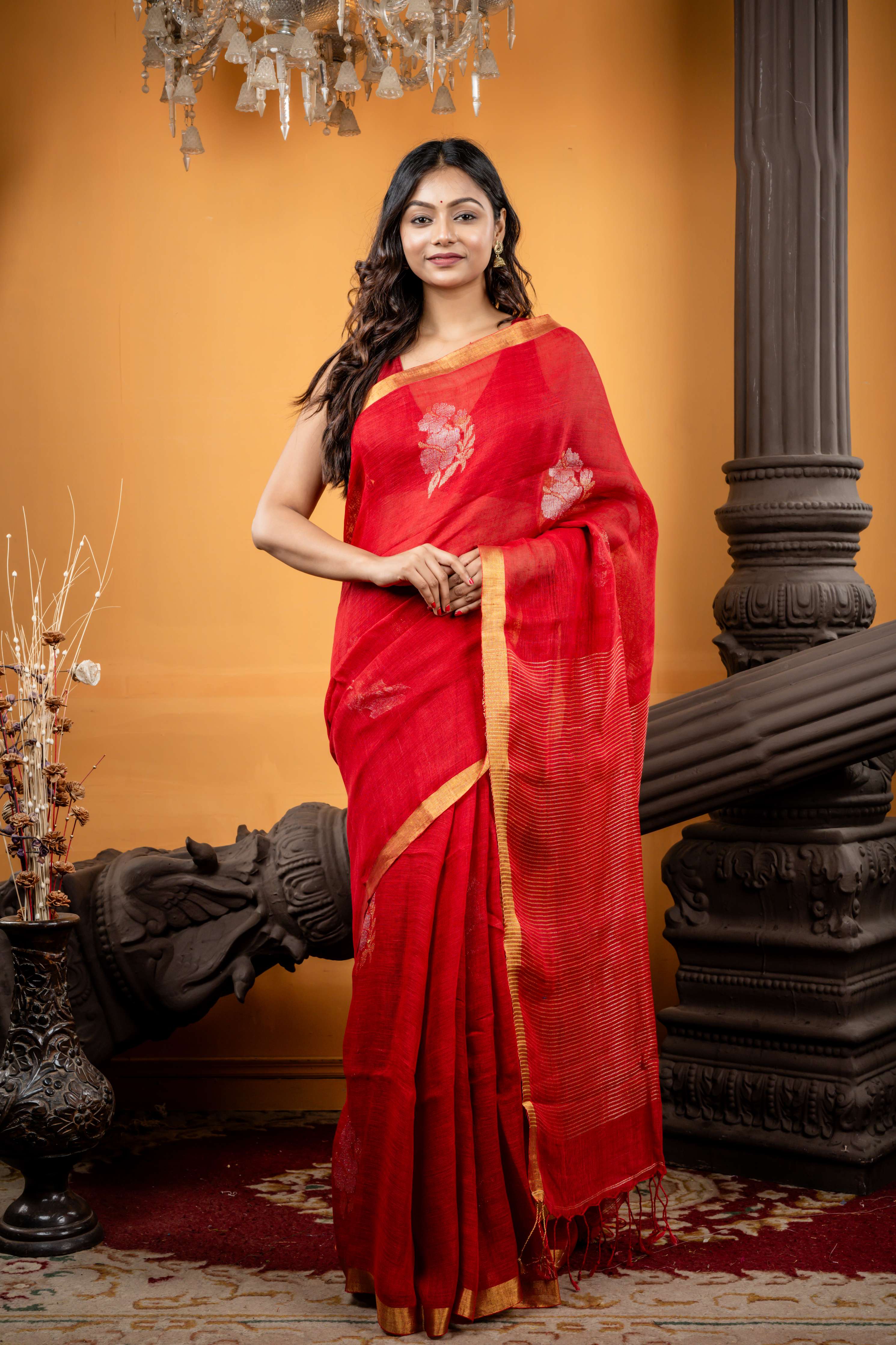 Jaba || Bright Red Linen Bengal Handloom Saree with all over Silver & Gold Zari 'Hibiscus' motif Jamdani Buta and Stripe Border