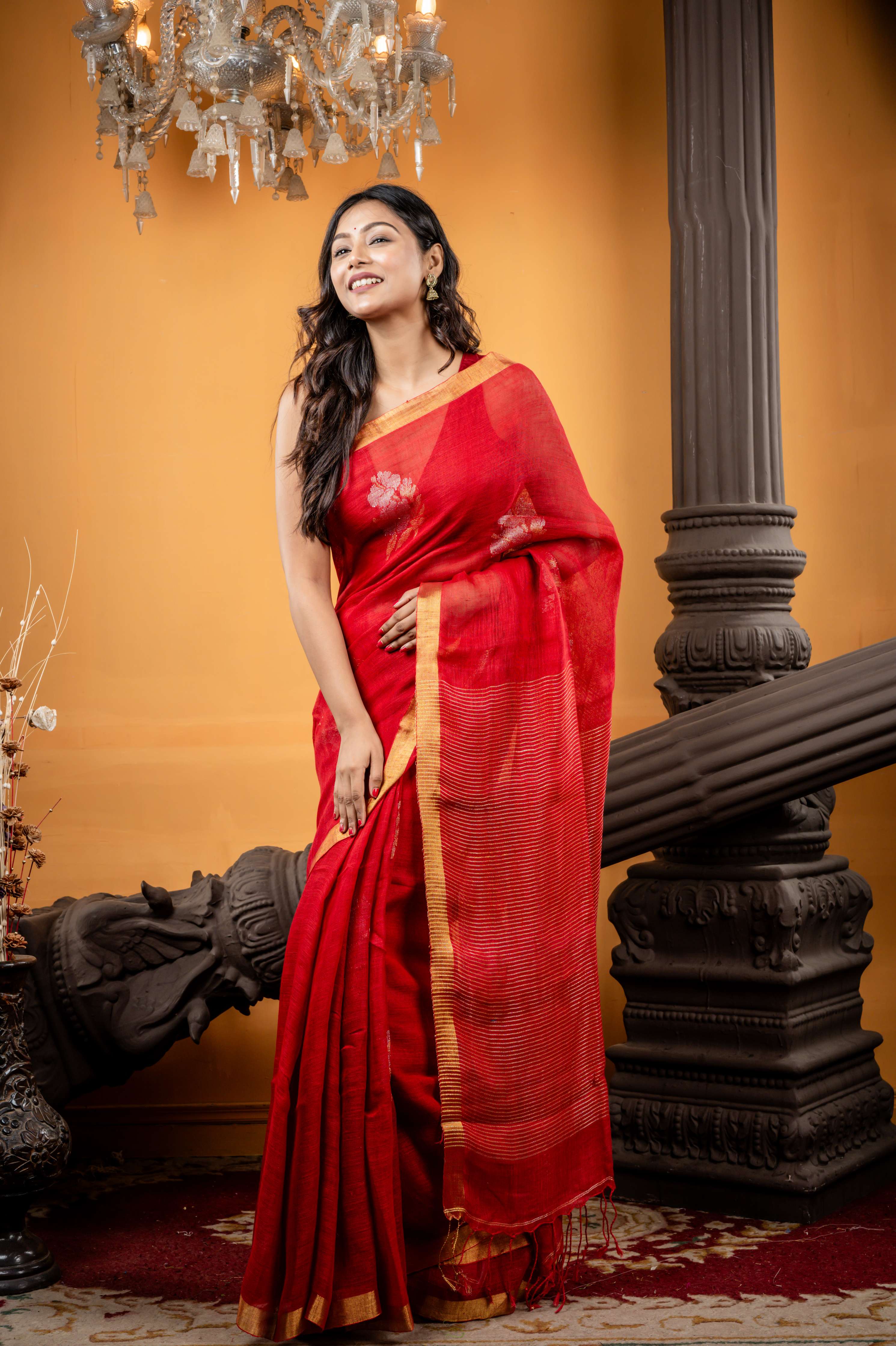 Jaba || Bright Red Linen Bengal Handloom Saree with all over Silver & Gold Zari 'Hibiscus' motif Jamdani Buta and Stripe Border