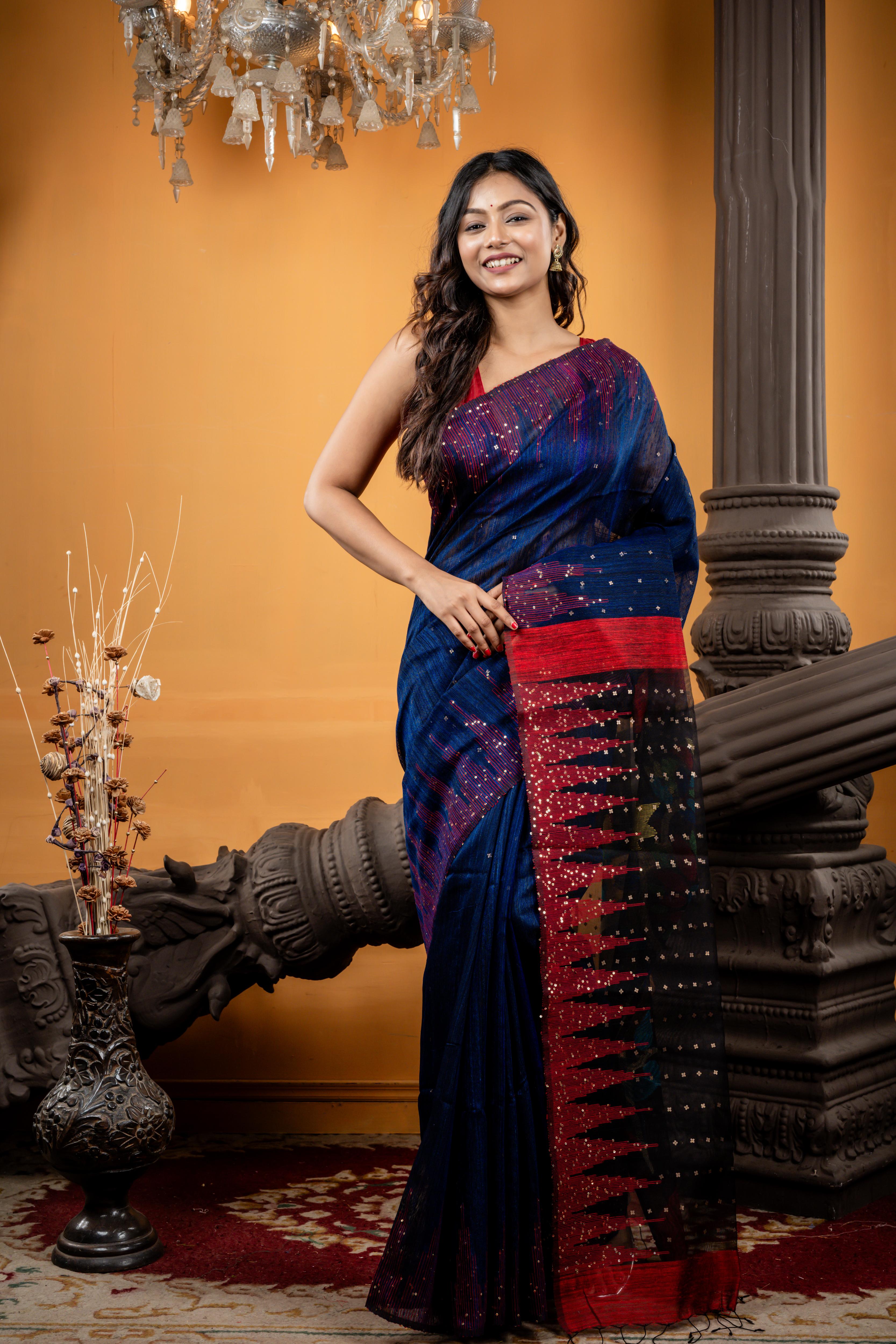 Nakshatra || Midnight Blue Premium 'Matka-Muslin' half & half Bengal Handloom Saree with all over Antique Gold Small Sequins, Red Temple Border & Multi-colour Floral Jamdani on Black Pallu
