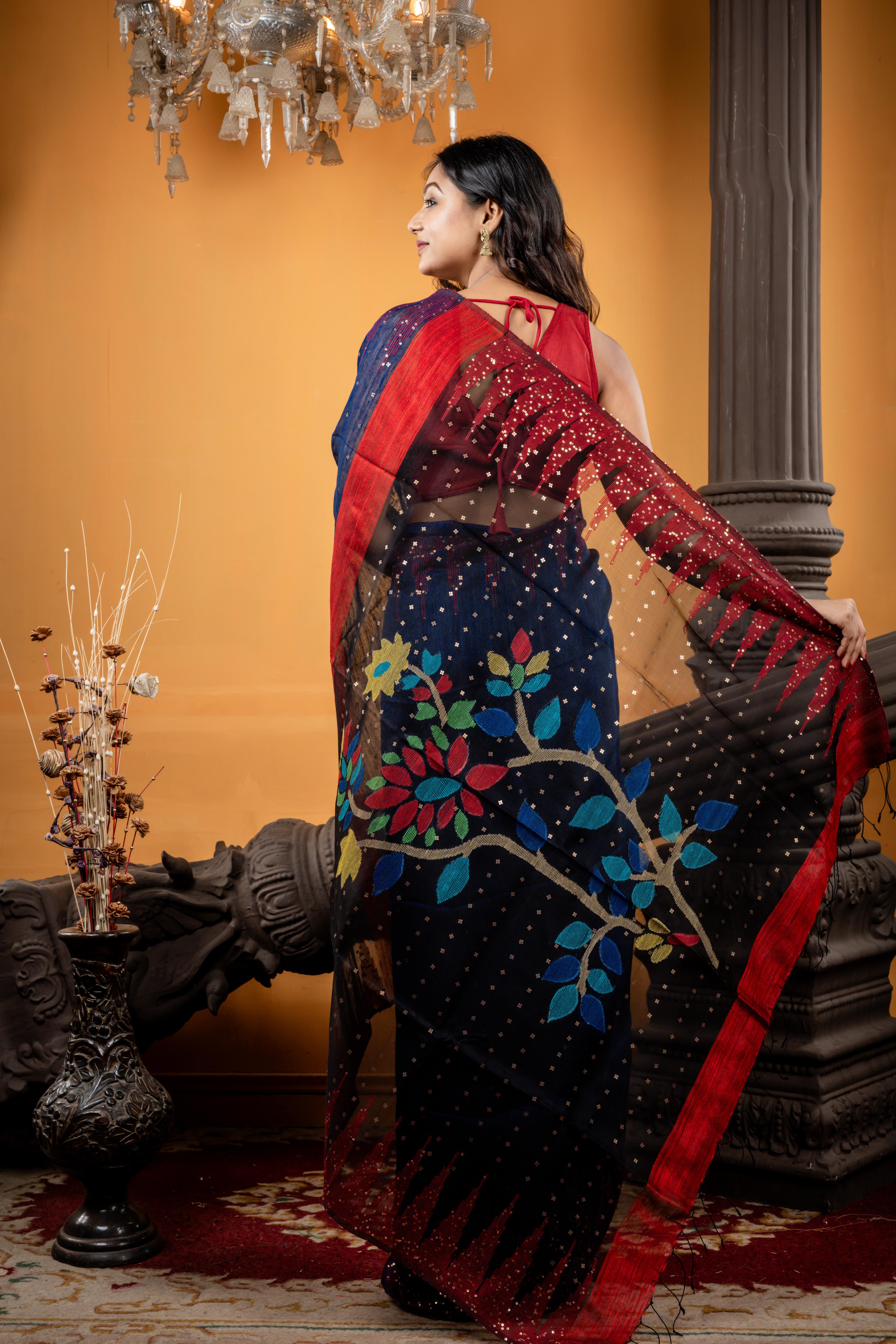 Nakshatra || Midnight Blue Premium 'Matka-Muslin' half & half Bengal Handloom Saree with all over Antique Gold Small Sequins, Red Temple Border & Multi-colour Floral Jamdani on Black Pallu