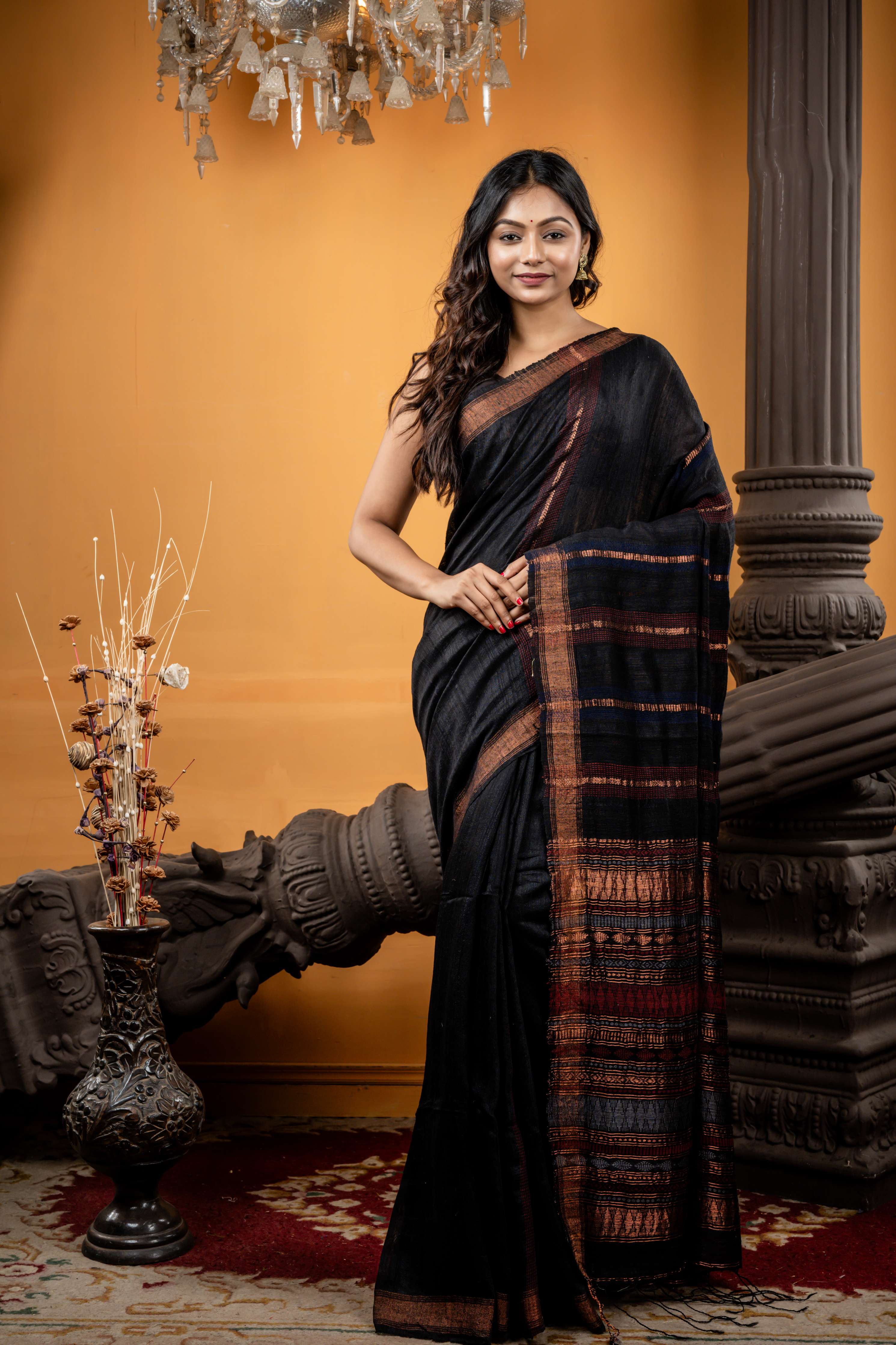 Aandhari || Black Matka Bengal Handloom Saree with Half Plain Body, Half Body Maroon, Navy Blue, Copper & Silver Zari 'Chatai' design woven Stripes and Pallu with Copper Zari Border