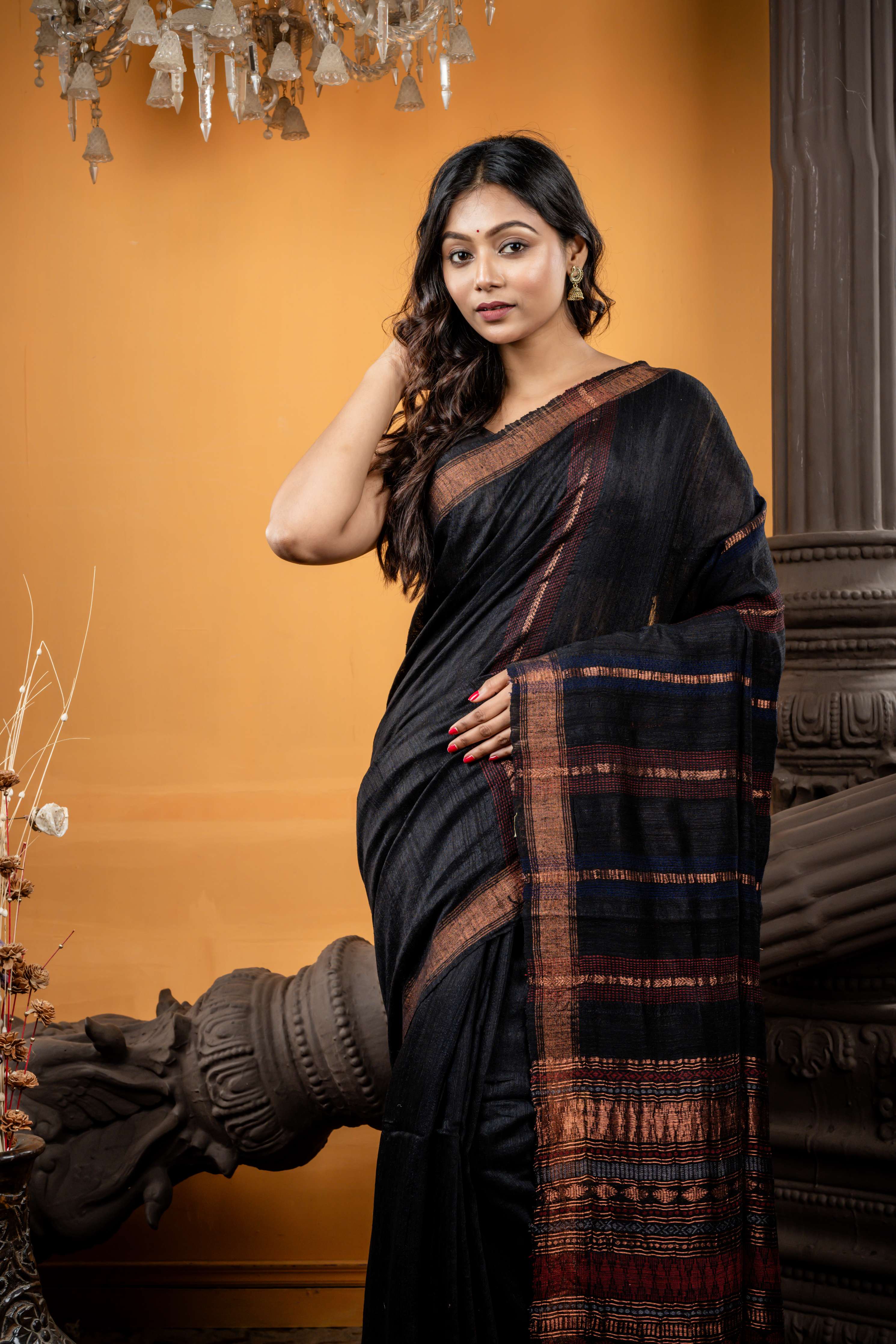 Aandhari || Black Matka Bengal Handloom Saree with Half Plain Body, Half Body Maroon, Navy Blue, Copper & Silver Zari 'Chatai' design woven Stripes and Pallu with Copper Zari Border