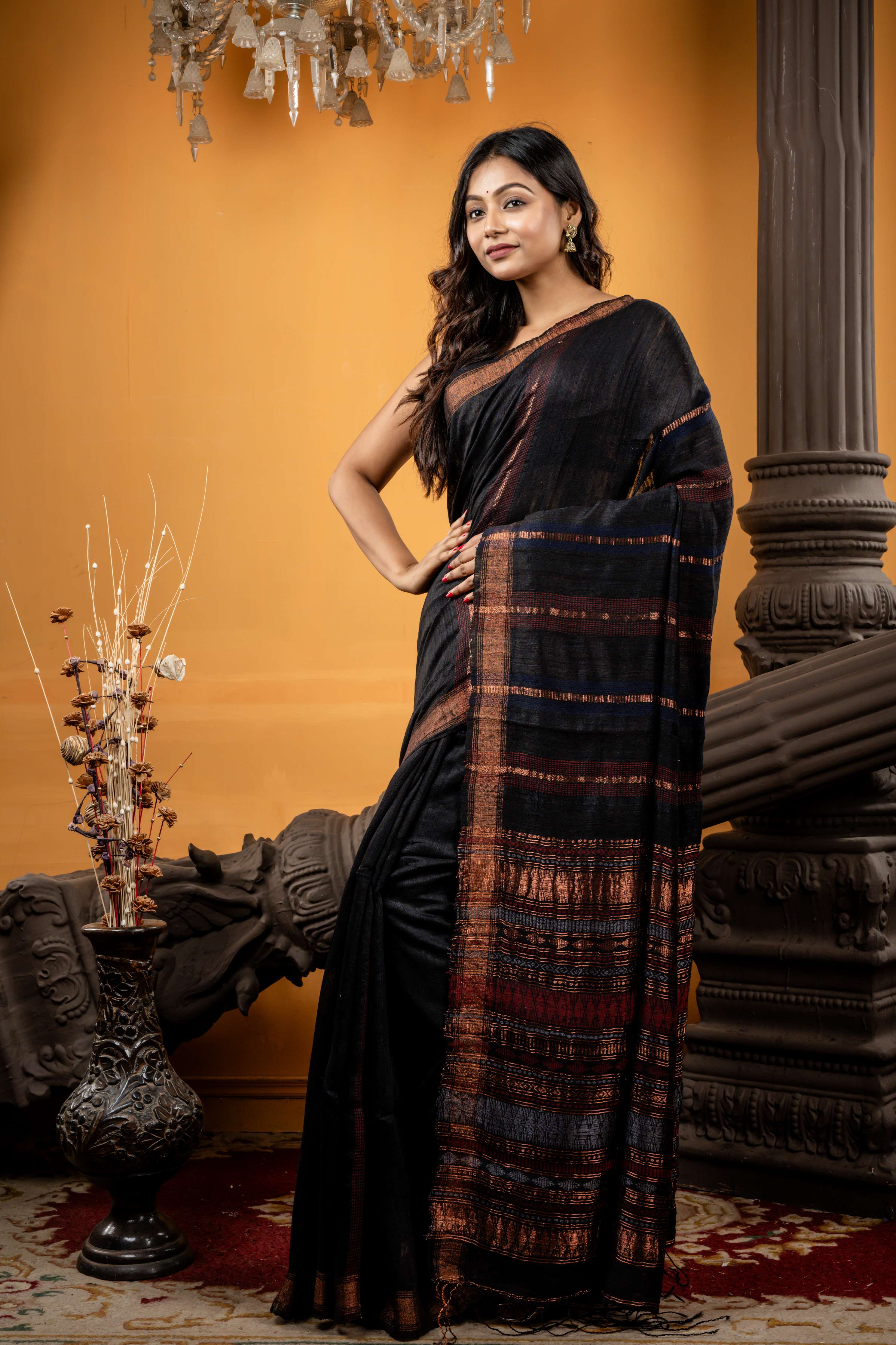 Aandhari || Black Matka Bengal Handloom Saree with Half Plain Body, Half Body Maroon, Navy Blue, Copper & Silver Zari 'Chatai' design woven Stripes and Pallu with Copper Zari Border