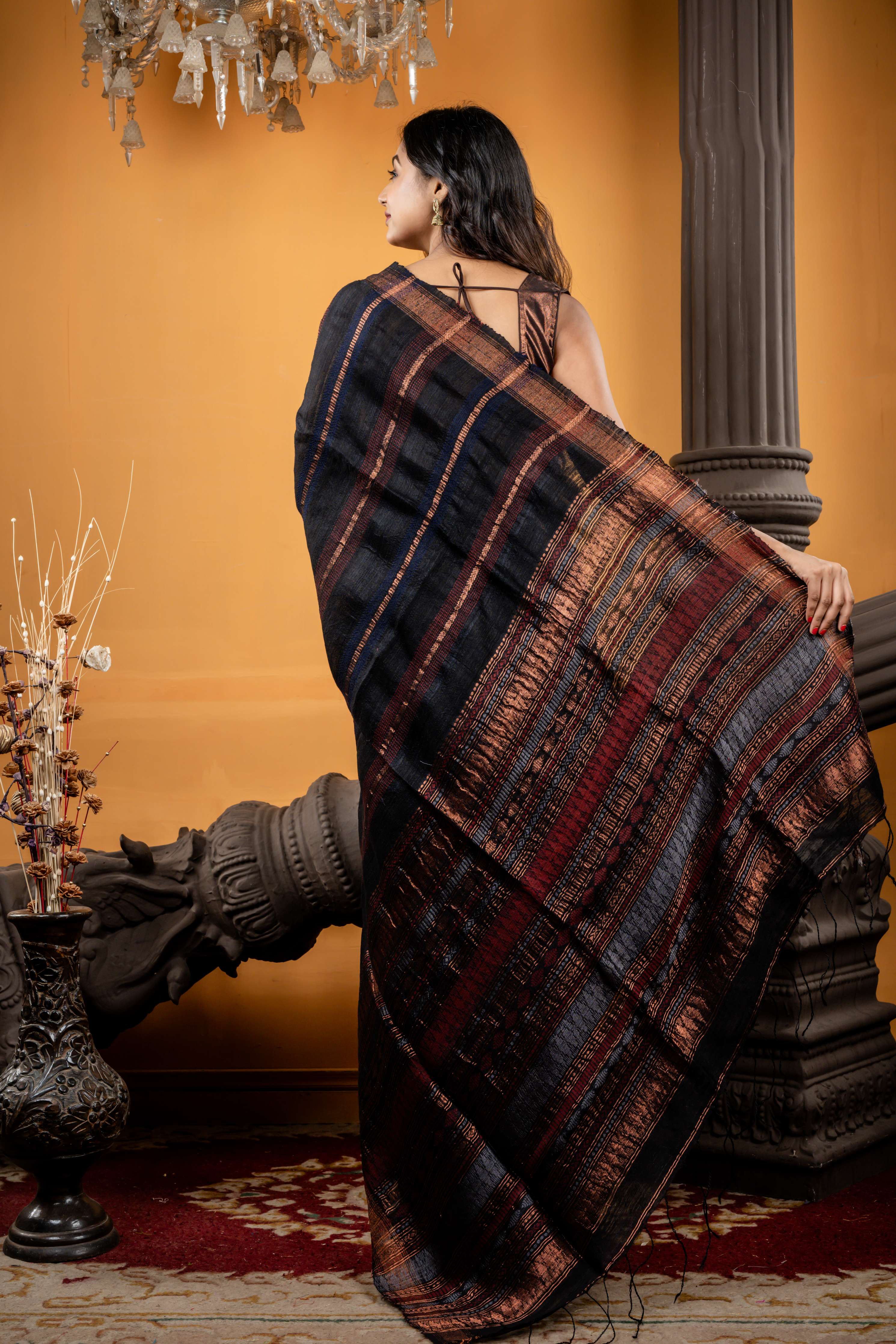 Aandhari || Black Matka Bengal Handloom Saree with Half Plain Body, Half Body Maroon, Navy Blue, Copper & Silver Zari 'Chatai' design woven Stripes and Pallu with Copper Zari Border