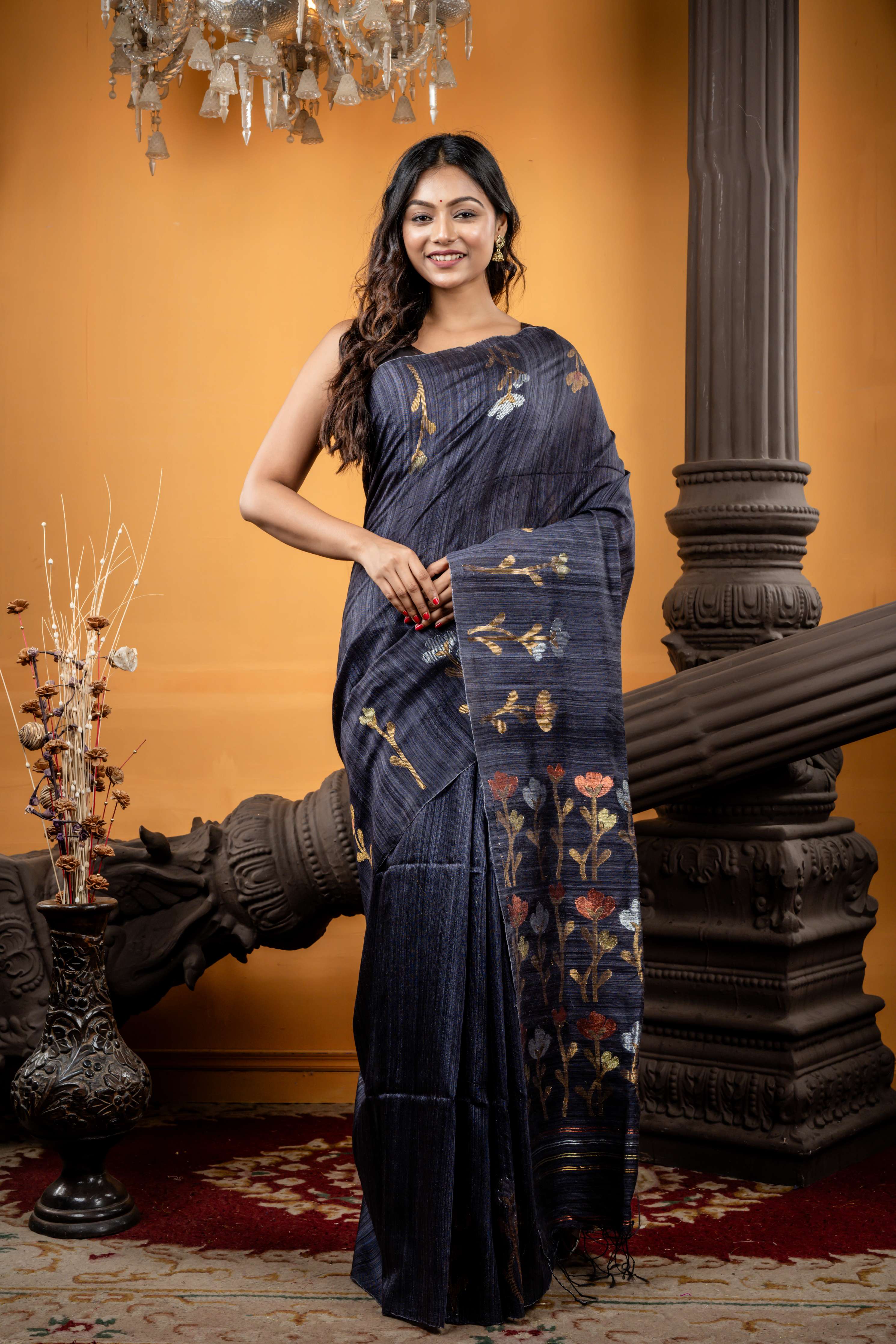 Tulip || Dark Gunmetal Grey Matka Bengal Handloom Saree with Plain Body and Silver, Golden, Antique Gold & Copper Zari 'Tulip' motif Border & Pallu