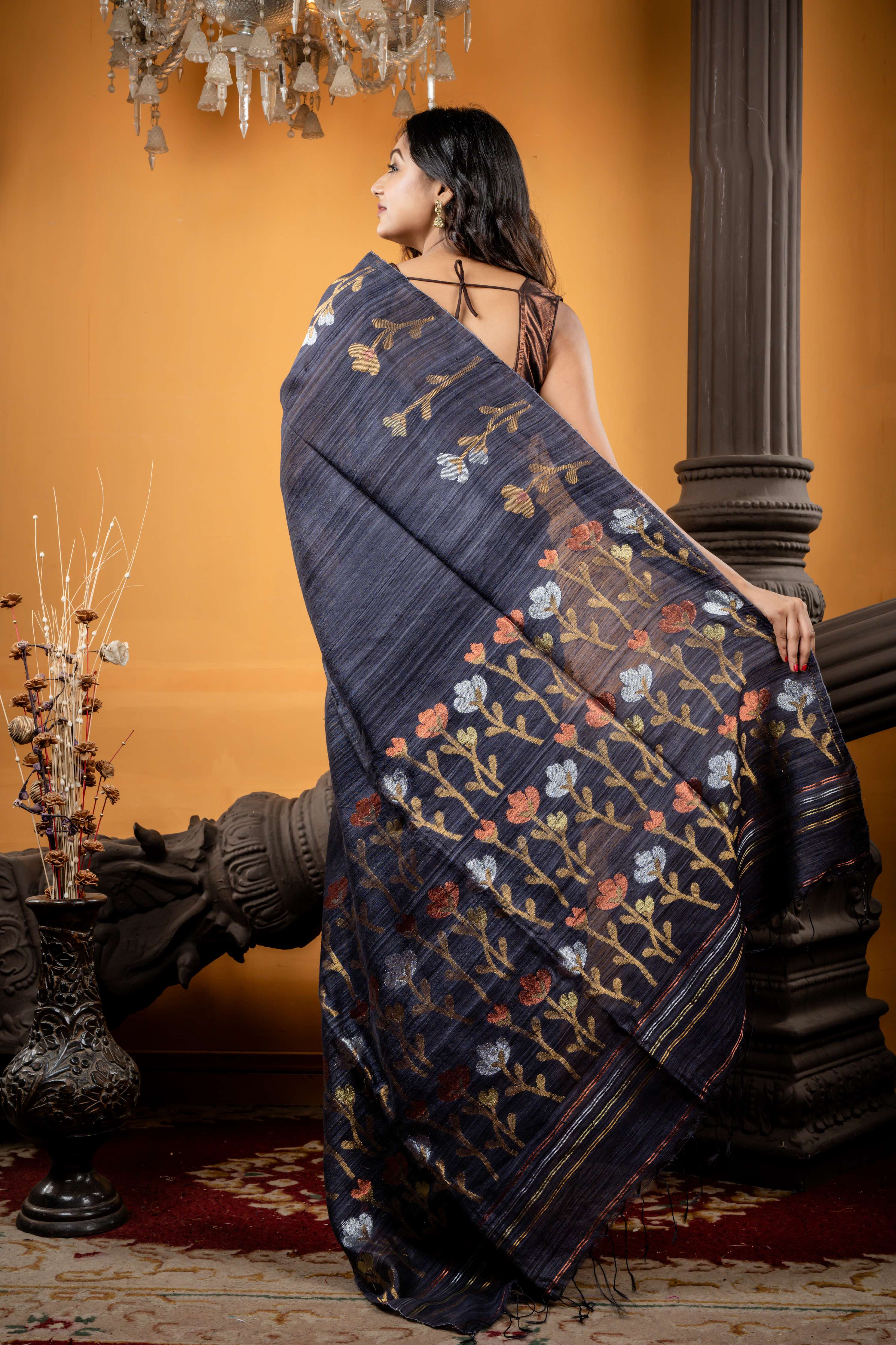 Tulip || Dark Gunmetal Grey Matka Bengal Handloom Saree with Plain Body and Silver, Golden, Antique Gold & Copper Zari 'Tulip' motif Border & Pallu