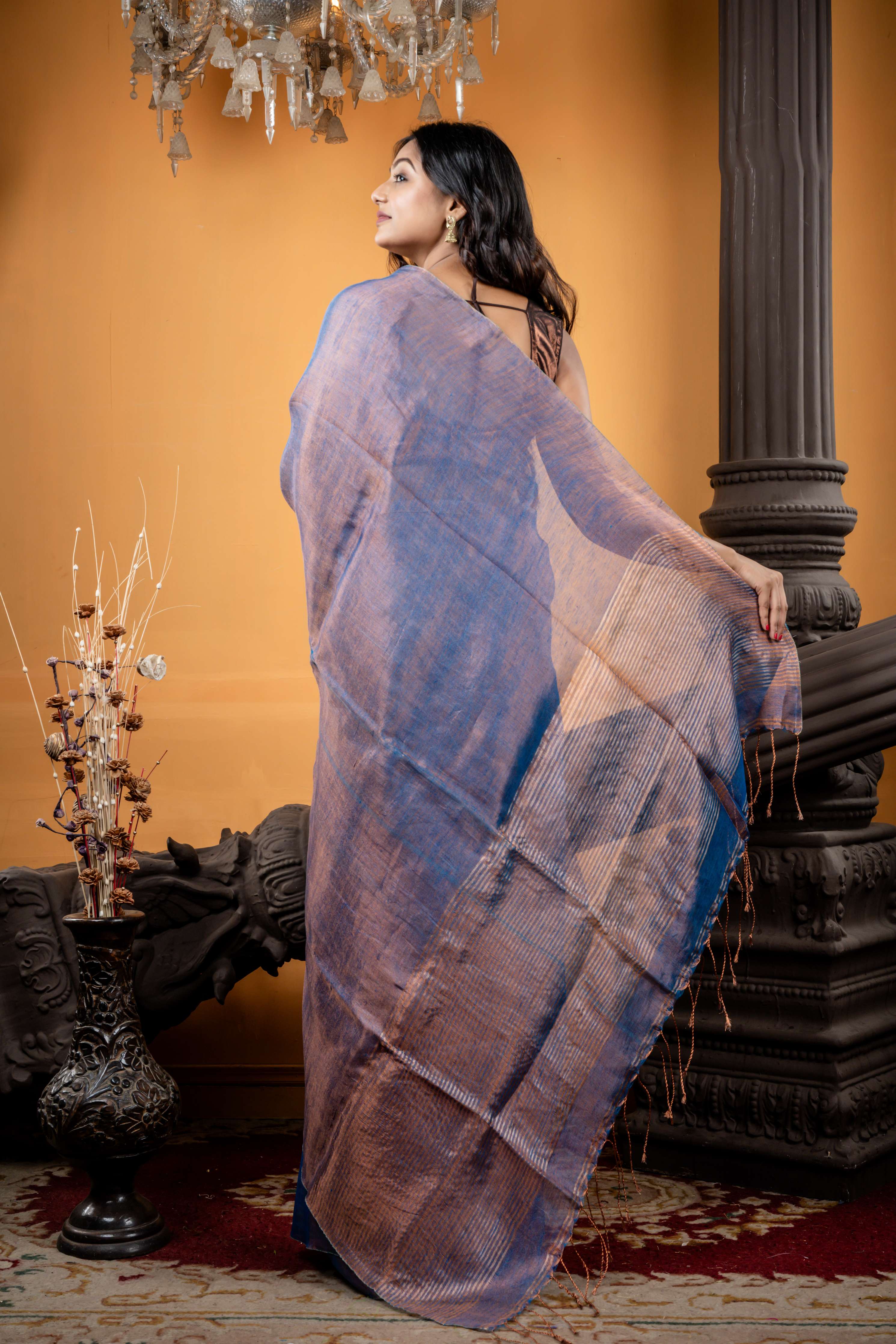 Chhaya || Dusty Blue & Copper dual tone Metallic Tissue Linen Bengal Handloom Saree with Metallic Copper Stripe Pallu